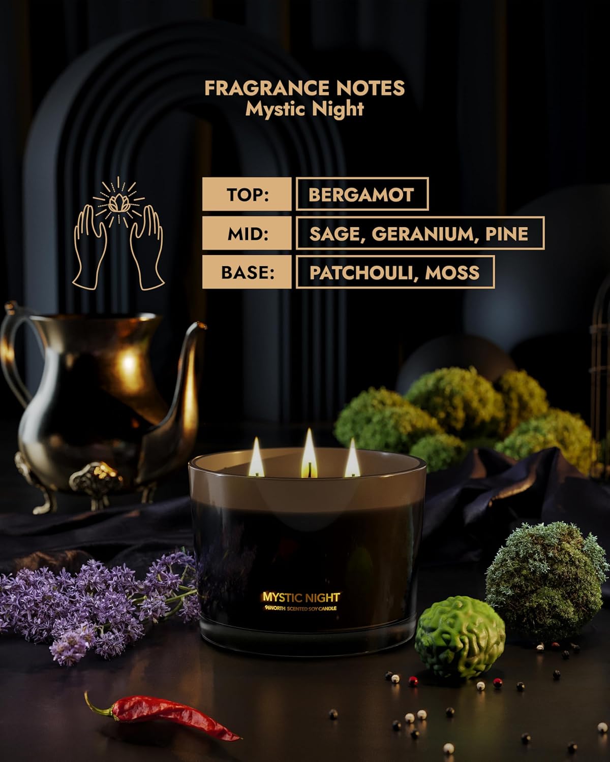 Detalle de 96NORTH NIGHT1306 Mystic Night 3-Wick Soy Candle in Black Glass Jar