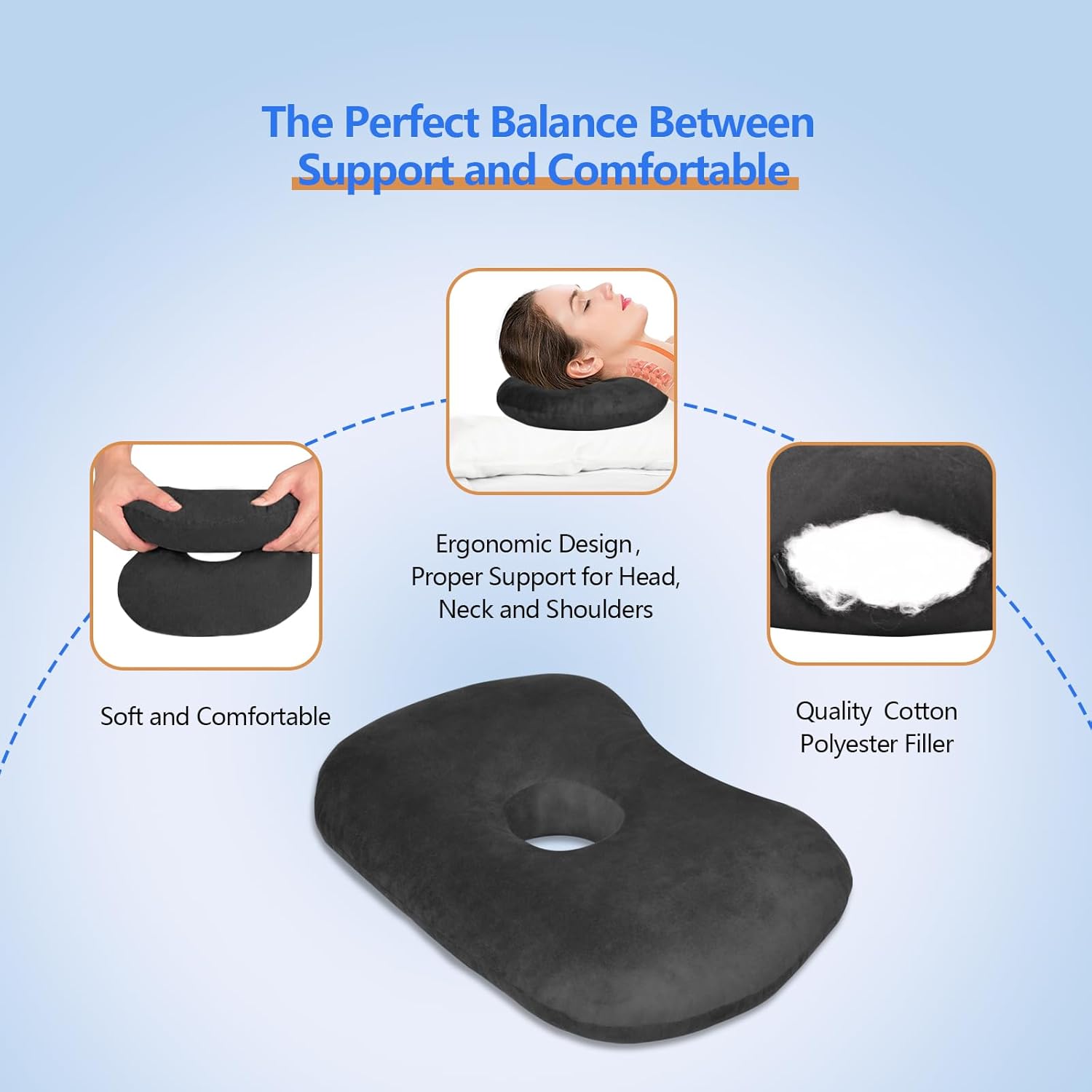 Detalle de Babyezz Ear Piercing Hole Pillows – Seitenschläferkissen mit Ohrenloch (Schwarz)