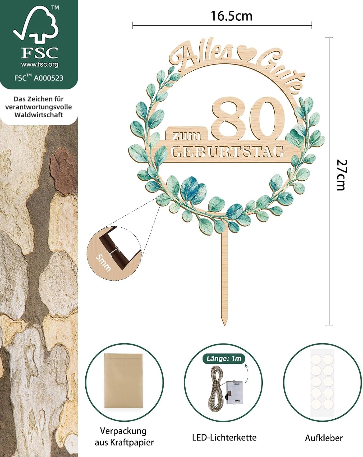 Detalle de Giftota Tortendeko 80 Geburtstag – Eleganter Holz-Cake Topper mit Eukalyptuskranz und LED-Lichterkette