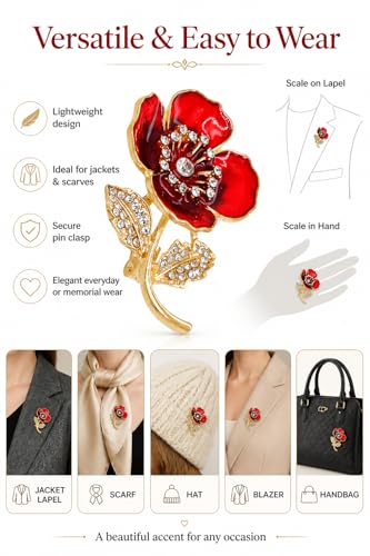 Detalle 1 de Jewellbox Red Poppy Flower Brooch in Alloy and Enamel, Red and Gold-Tone