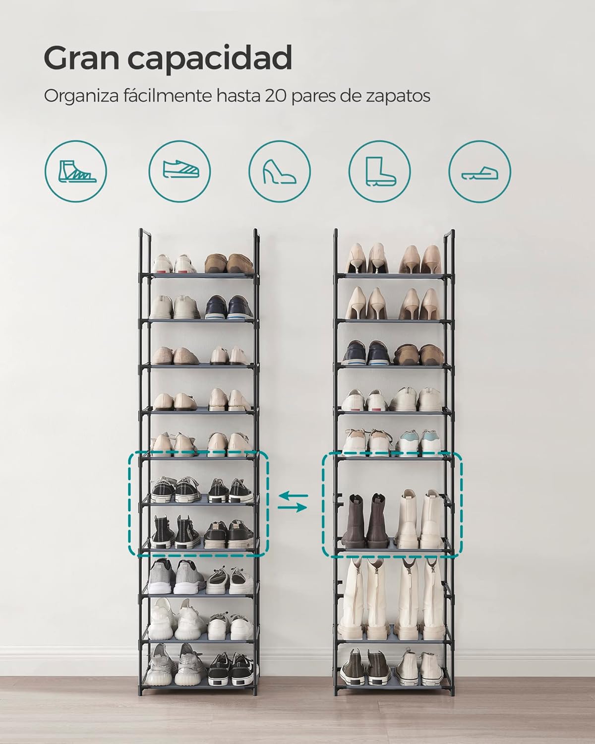 Detalle 2 de SONGMICS LSH010G01 zapatero 10 baldas 28x45x173 cm