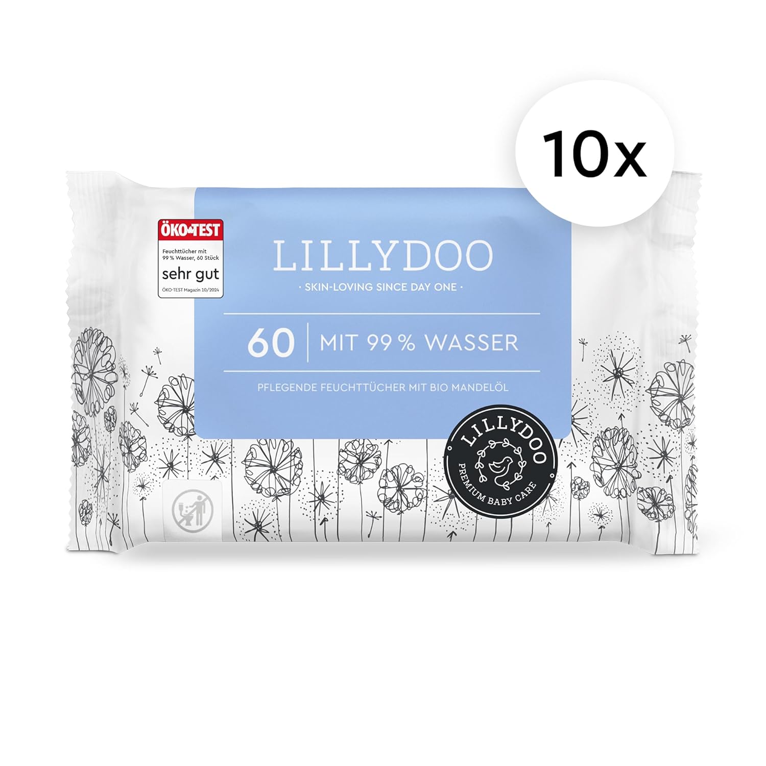 Detalle de LILLYDOO Feuchttücher 99% Wasser, 600 Stück – 100% plastikfrei, ohne Parfüm