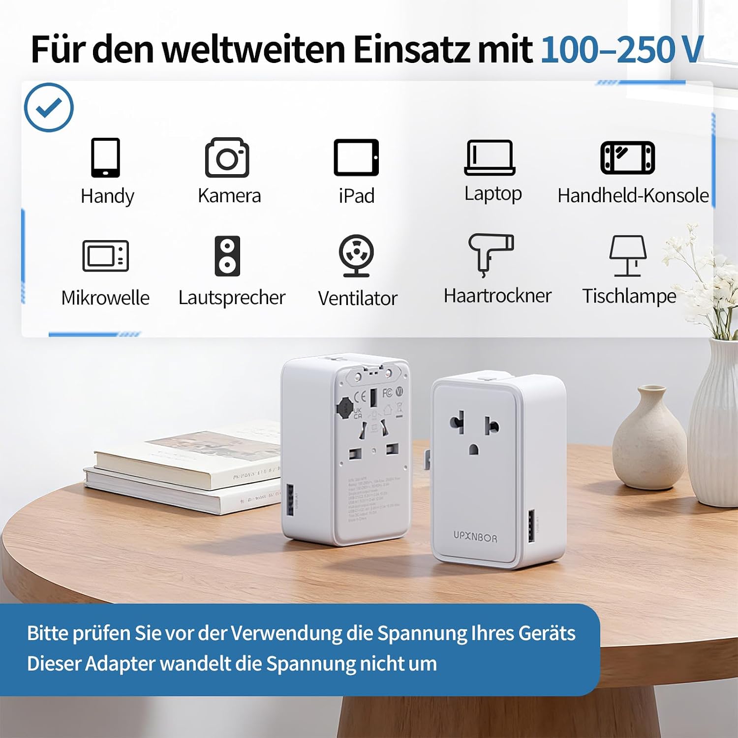 Thumbnail 6 de UPXNBOR Ultra-flacher Reiseadapter 2026 mit 1× USB-A und 2× USB-C (weltweit)