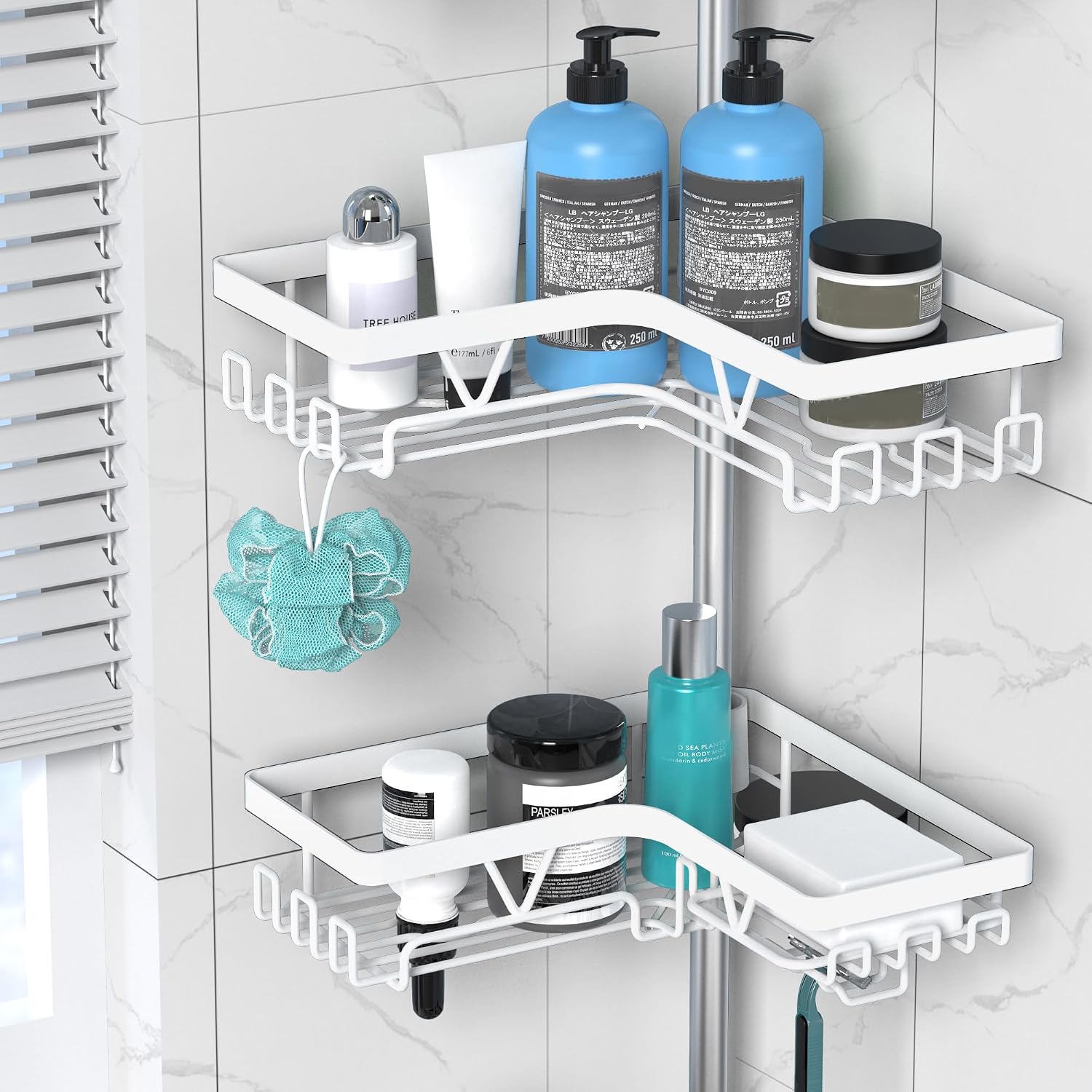 Detalle de DAOYA Corner Shower Caddy, 4-Tier Adjustable Tension Pole, White Stainless Steel