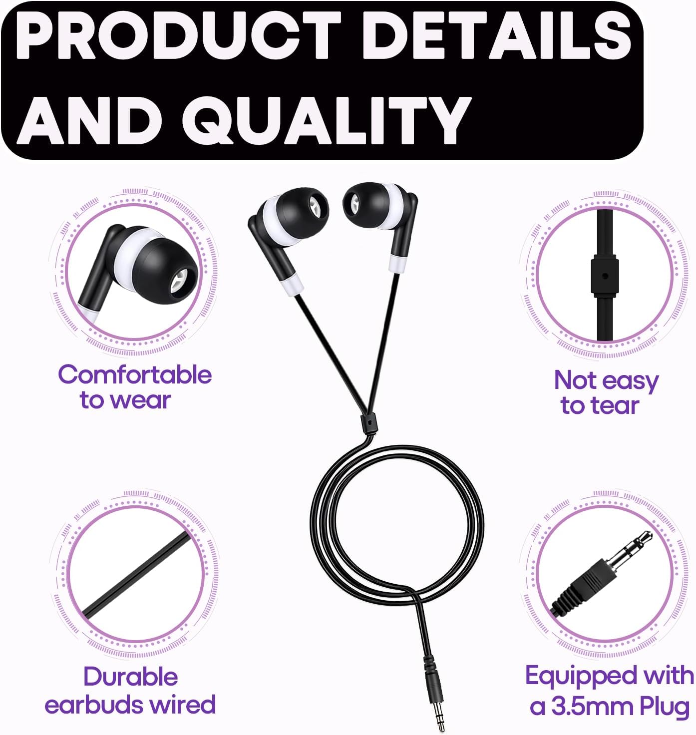 Detalle de MUMSTHT YS101 Kids Wired Earbuds, 30-Pack, Black with 3.5 mm Plug