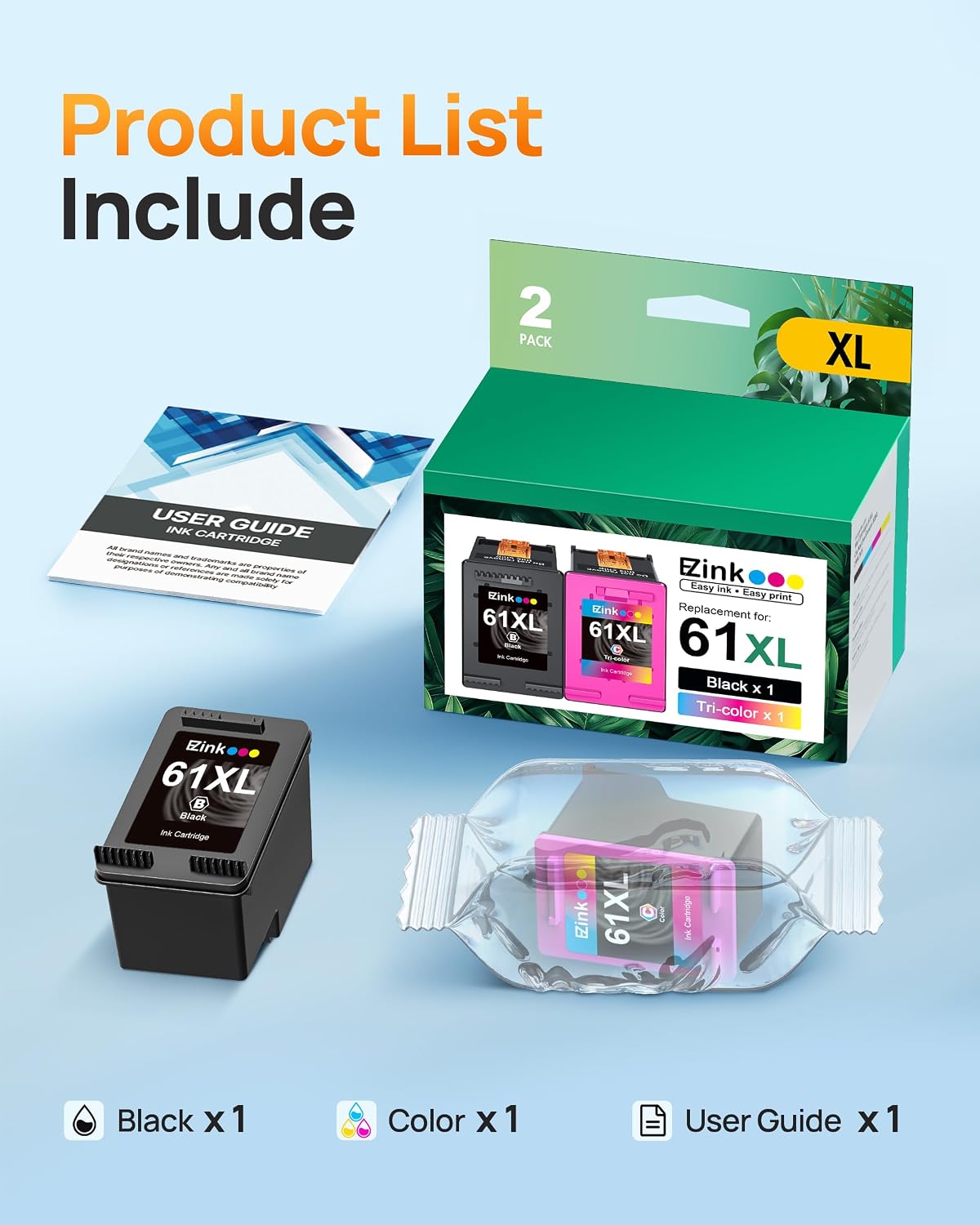 Thumbnail 3 de E-Z Ink 61XL Ink Cartridge 2-Pack for HP Printers, Black and Tri-Color