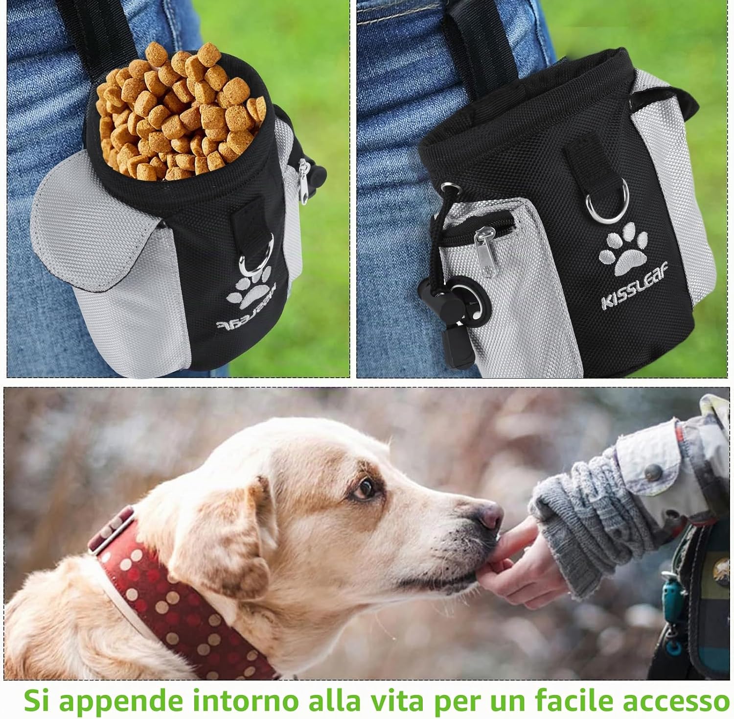 Detalle de Kissleaf Porta Premietti per Cani Multifunzionale: Borsa Portasnack con Doppia Tasca e Dispenser