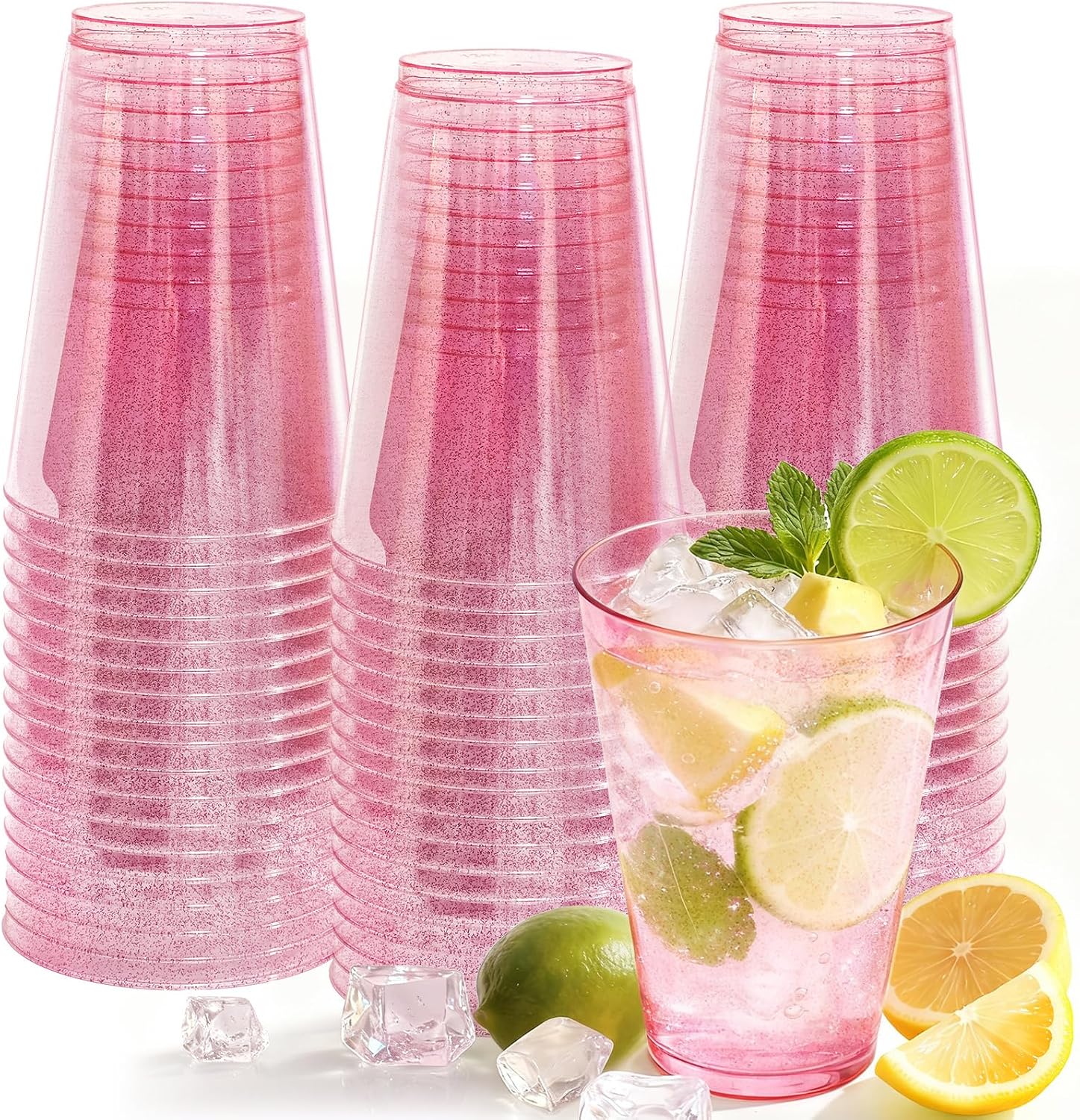 Detalle de Glowserve 50 Pack 12 oz Pink Glitter Disposable Plastic Cups