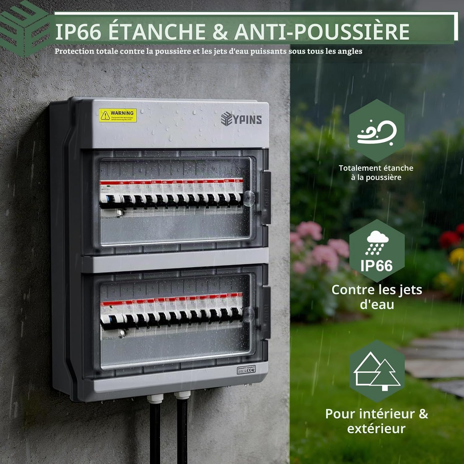 Detalle de EYPINS elektrische verdeelkast voor 24 modules, IP65 en 4 M32-kabelwartels