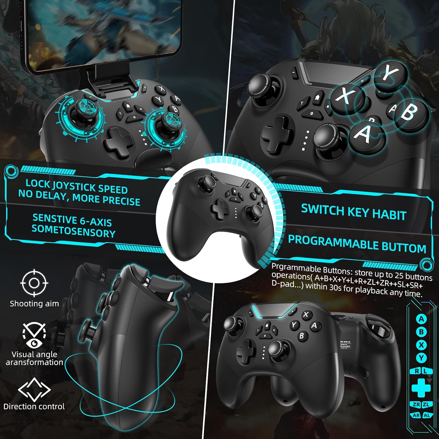 Detalle de Hall Effect Bluetooth Controller for Switch/PC/iPhone/Android/TV/Steam — Pro Wireless Game Controller with Hall Joysticks and Turbo