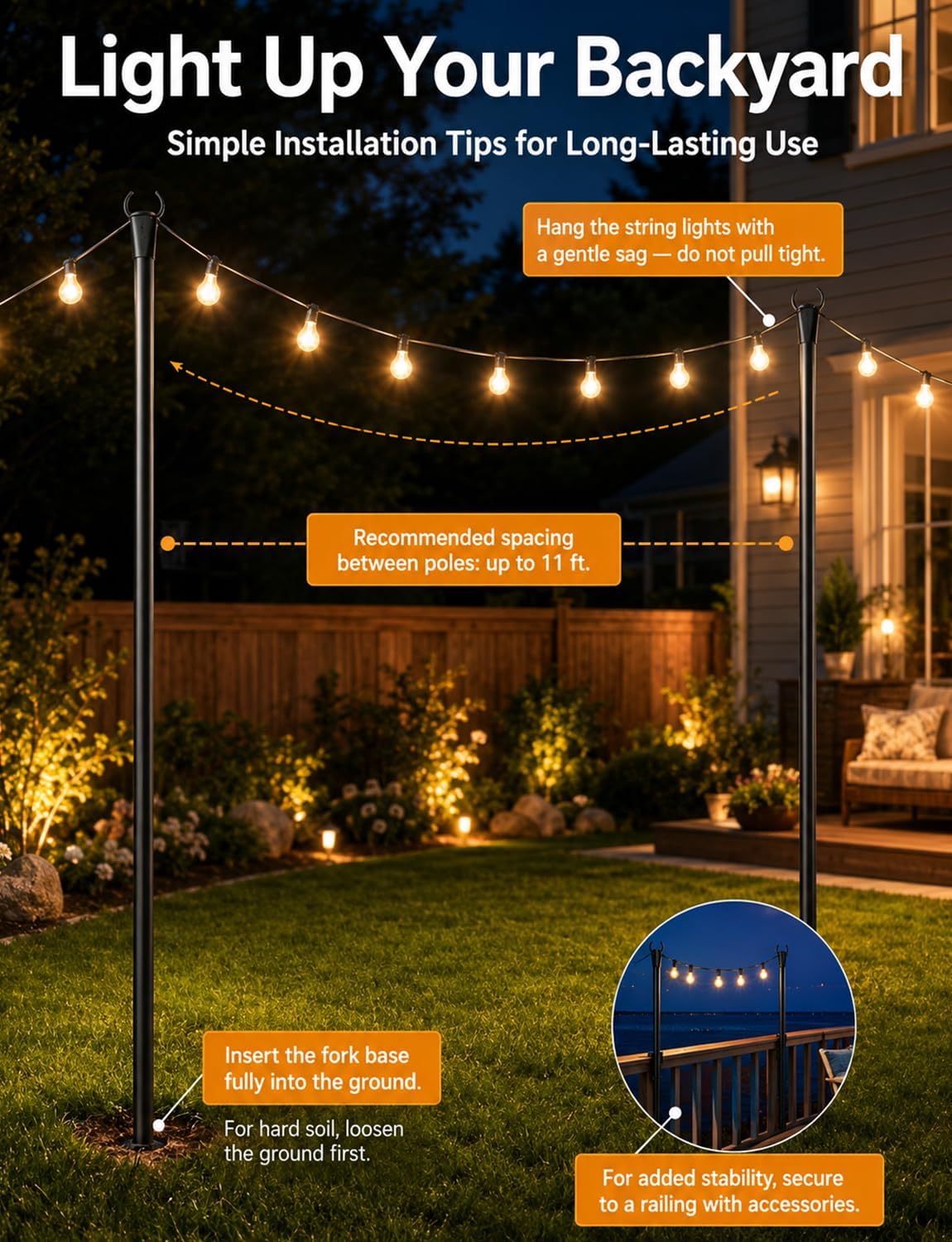 Detalle 2 de 4 Pack Outdoor String Light Poles – Adjustable Thickened Metal Hanger Set for Patio and Garden