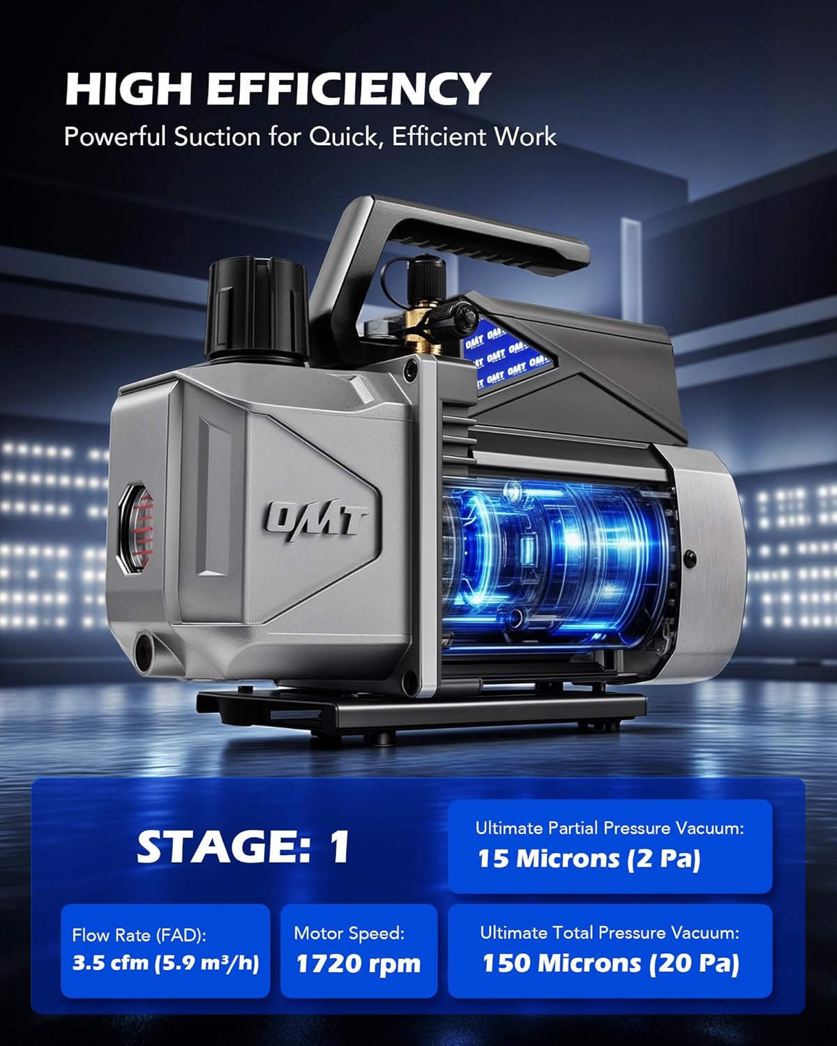 Detalle 2 de Orion Motor Tech A2L Vacuum Pump: 3.5 CFM, 1/4 HP, Sparkless Ignition-Proof for A2L Refrigerants