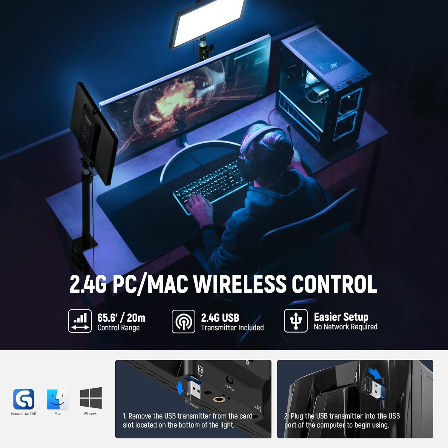 Detalle 2 de NEEWER GL25B 25W Streaming Key Light, 12.9-Inch Panel with 2.4G Remote
