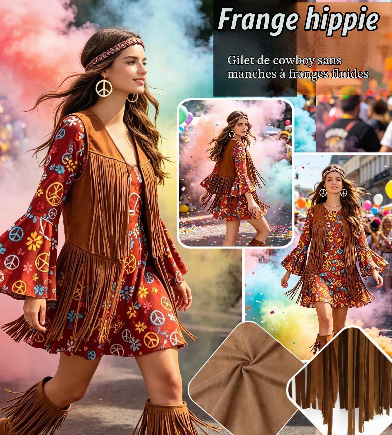 Detalle 2 de Hippiekostuum voor dames met vest met franjes en accessoires