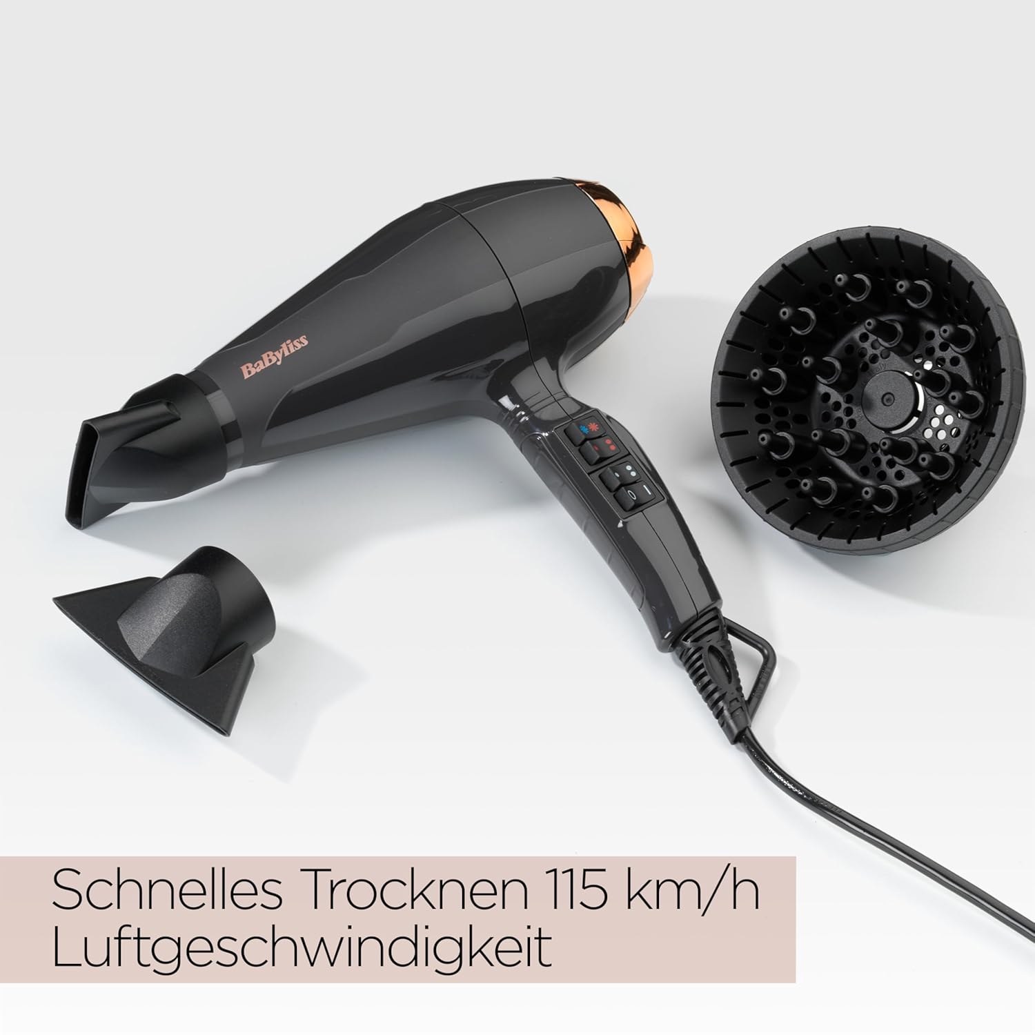 Detalle de BaByliss Italian Air Pro Föhn mit Diffusor – Hochleistungs-Haartrockner, 2100–2200 W, Anti-Frizz Ionen, Italienische Herstellung