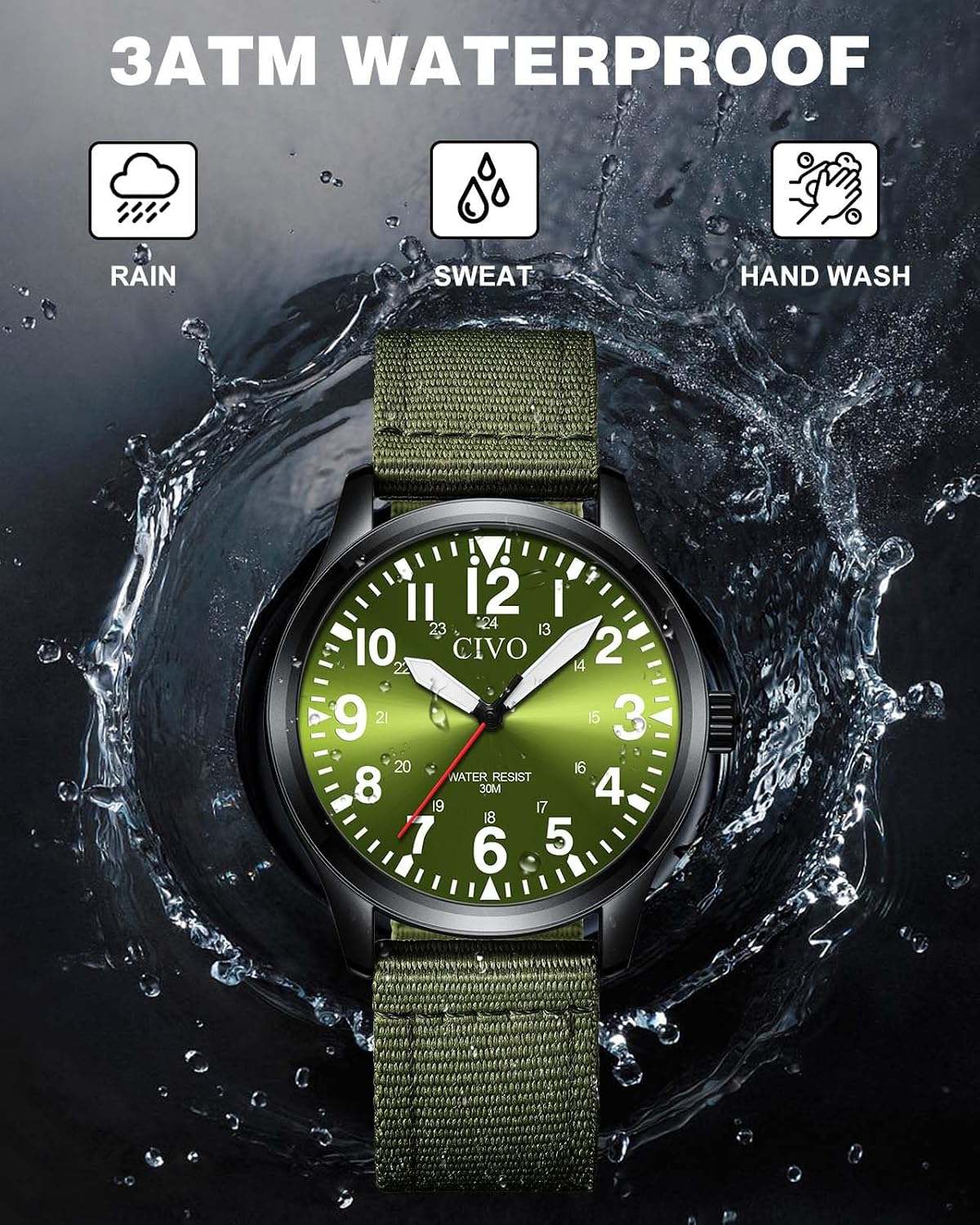 Thumbnail 1 de CIVO Herren-Militäruhr wasserdicht (Analog, Quarz) mit großen, leuchtenden Zahlen