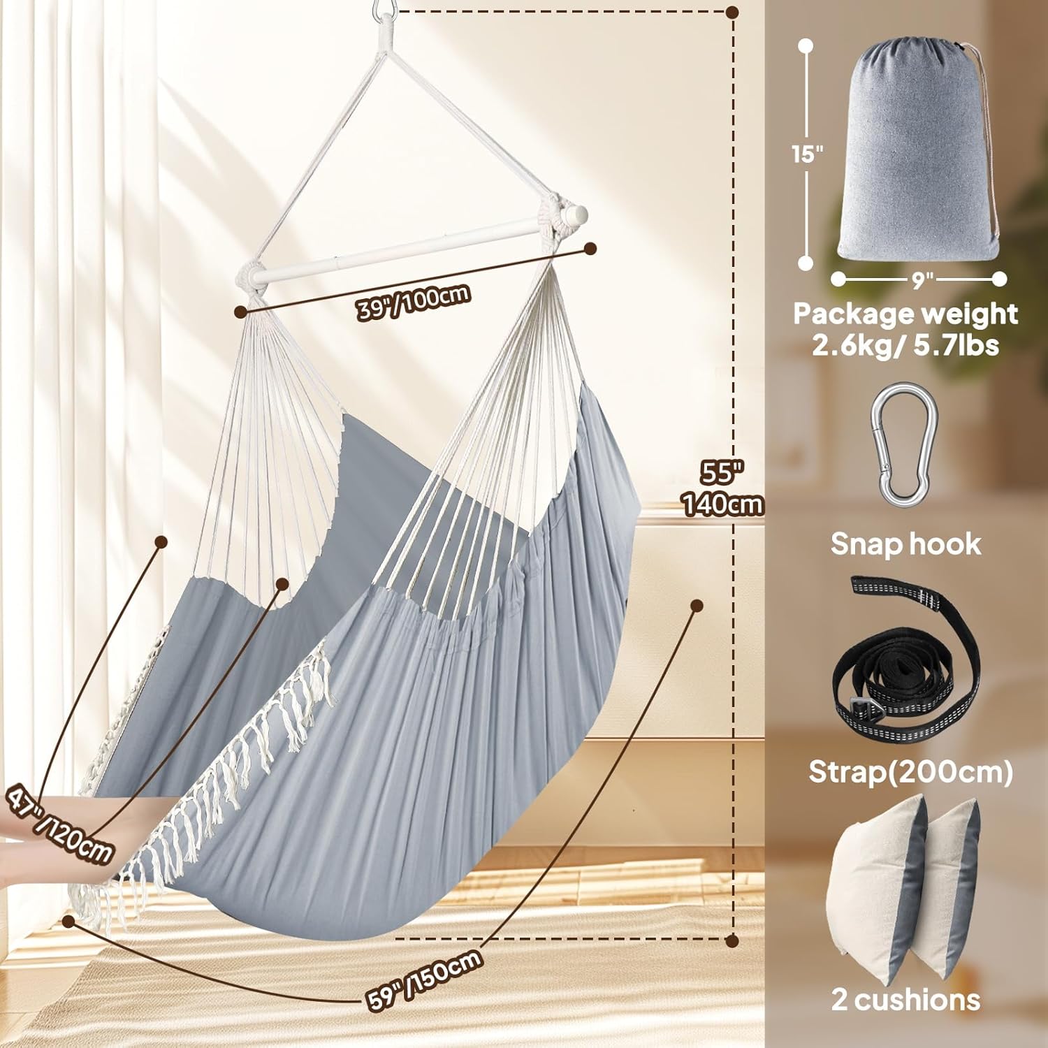 Thumbnail 3 de Chihee Hängesessel 150x120 cm – Vergrößerte Hängeschaukel mit Max. 227 kg, 2 Kissen, Metall-Spreizstange und Seitentasche