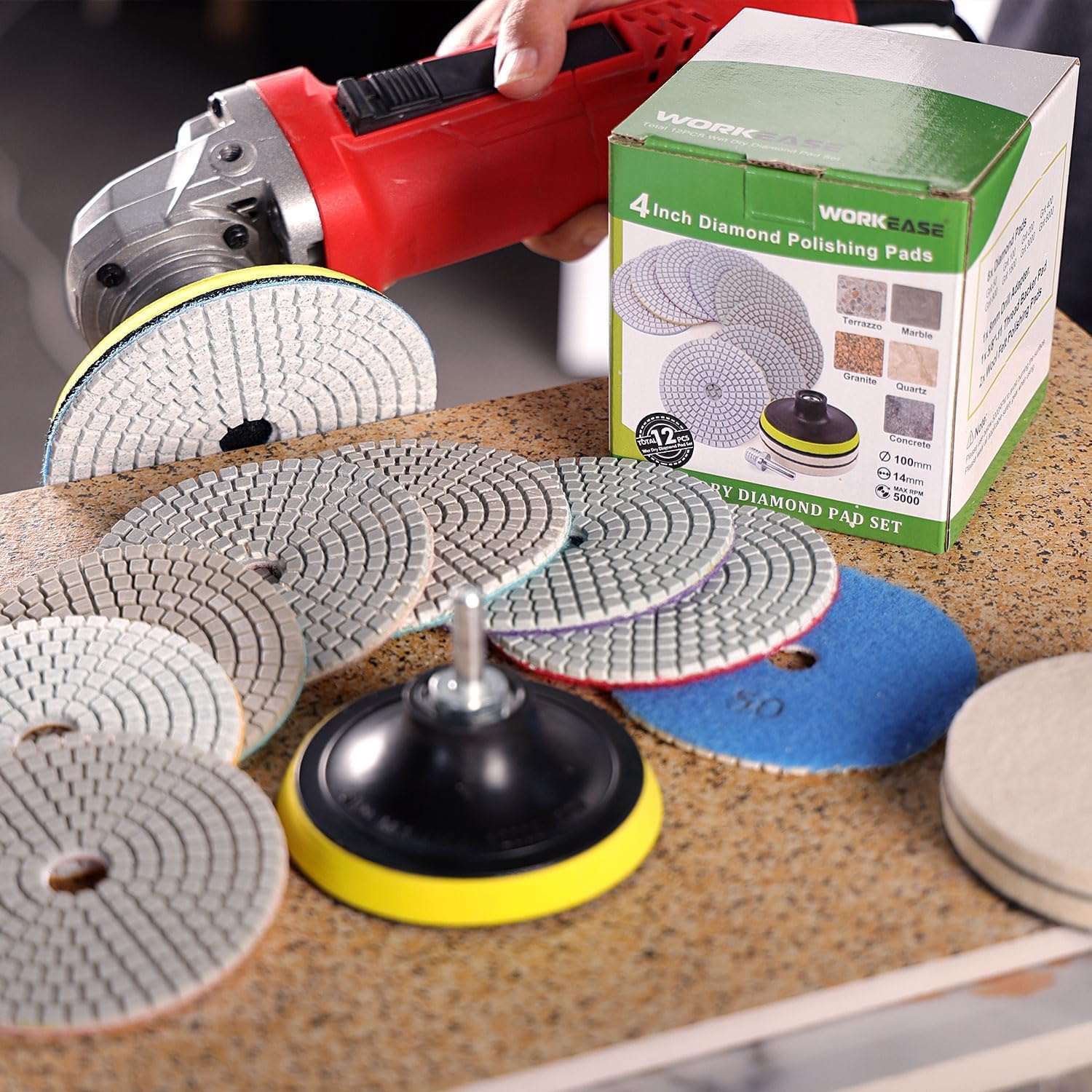 Thumbnail 3 de 4 Inch Diamond Polishing Pads Kit with 5/8''-11 Backer Pad — 12 Pieces for Wet/Dry Stone Polishing (Concrete, Granite, Marble, Quartz)