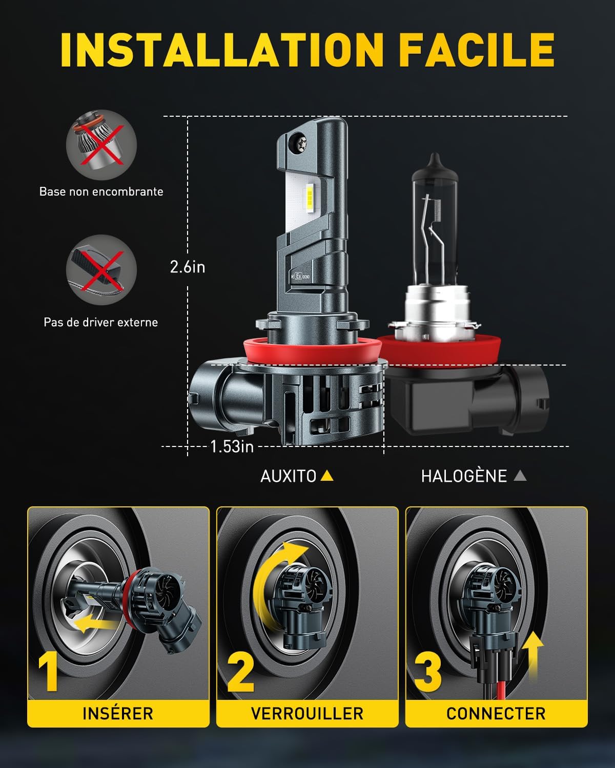 Thumbnail 3 de AUXITO ampoule H11 LED 1:1 Mini – homologation UNECE-R37, +500% de luminosité, ventilation et lot de 2 (H11/H9/H8)