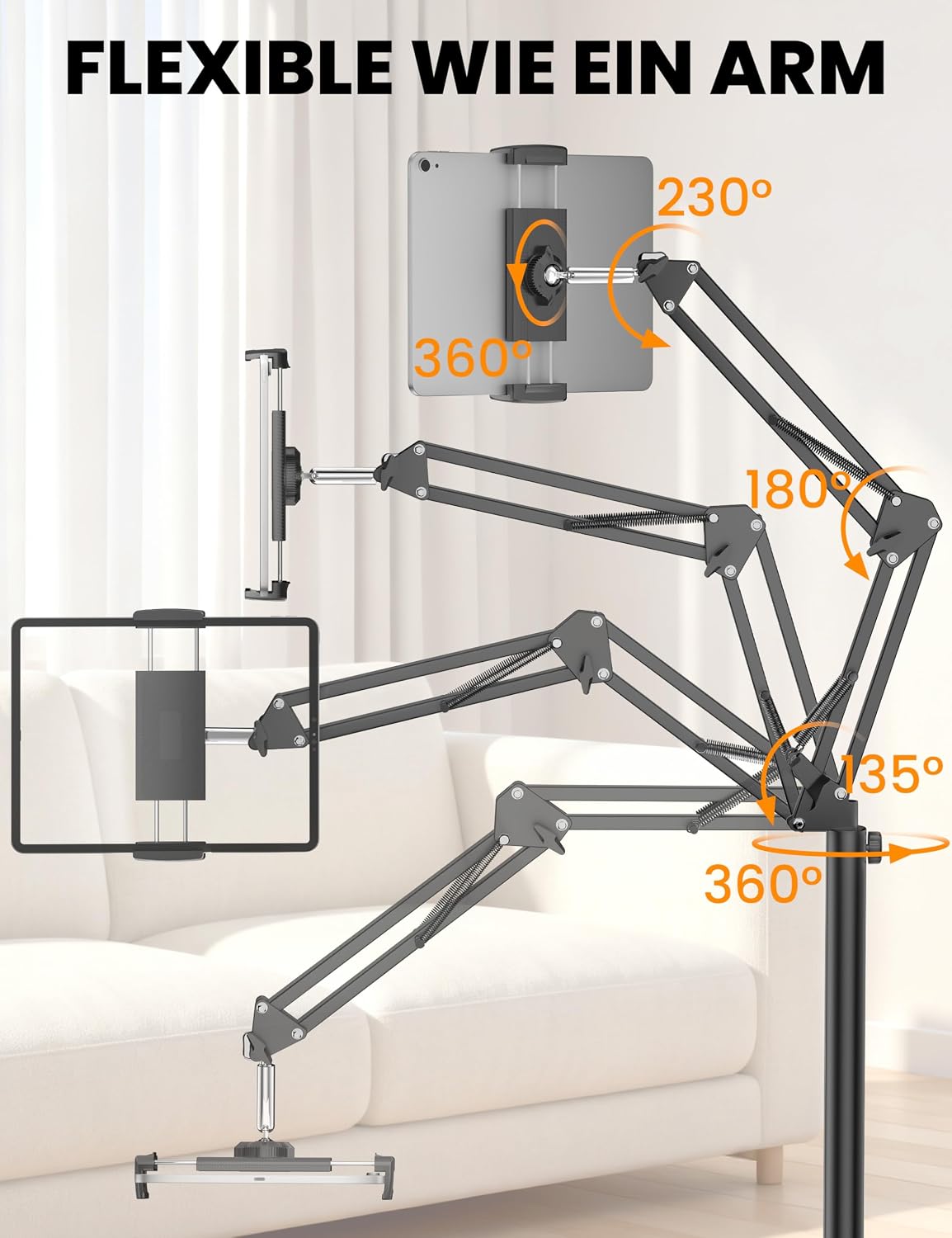Detalle de TabHolderix Tablet Bodenständer – 360° drehbar und verstellbar für 4,7–12,9 Zoll Geräte