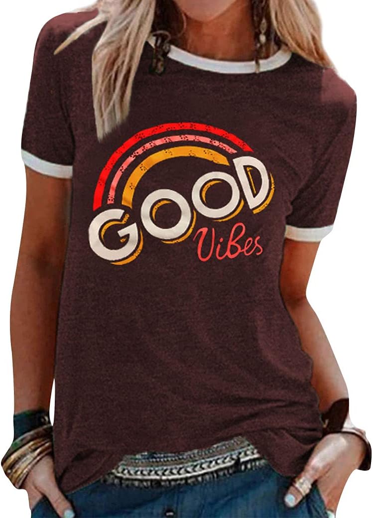 Thumbnail 6 de WIEIYM Damen-T-Shirt Rundhals Kurzarm | Good Vibes Rainbow— casual Sommerlook