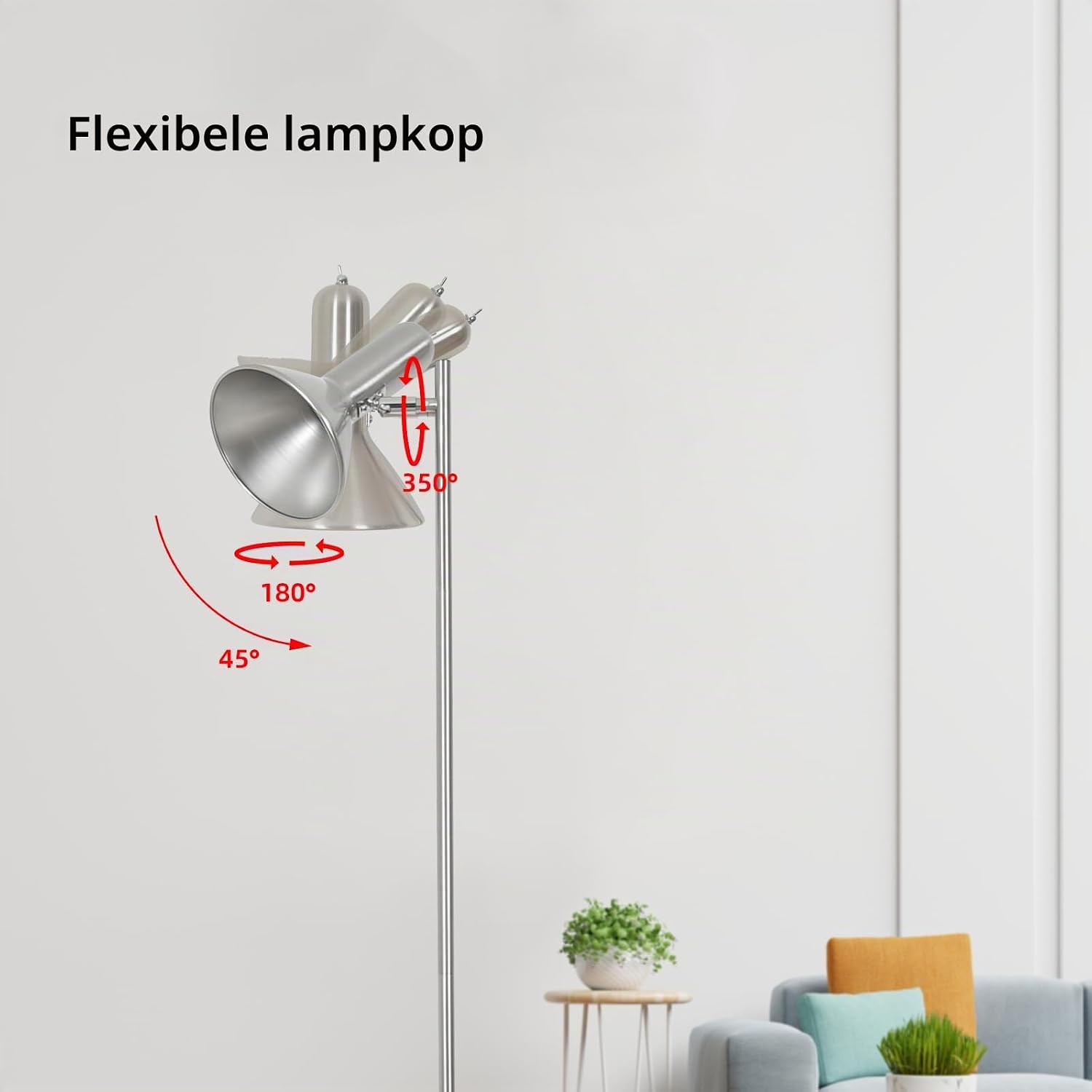Detalle 2 de Amdelne vloerlamp met verstelbare lichtkop, E27-fitting en metalen nikkelkleur