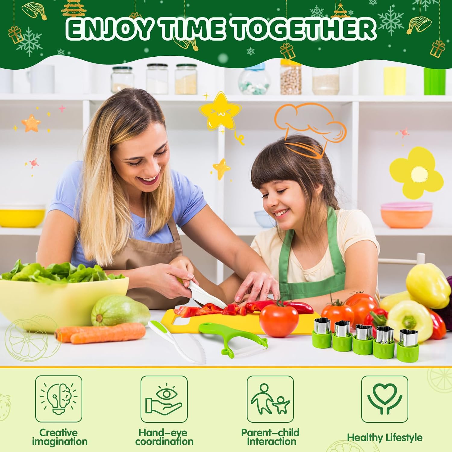 Detalle de Suhctuptx Kids Knives 28-Piece Cooking Set with Cutting Boards and Crinkle Cutters