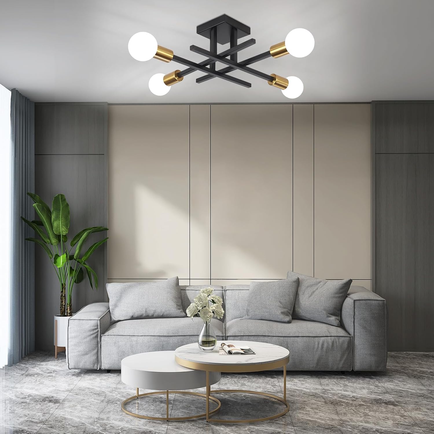 Thumbnail 6 de QAREHL Black & Gold 4-Light Sputnik Chandelier Ceiling Light