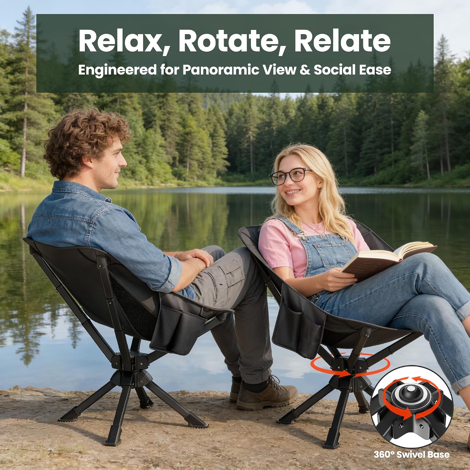 Detalle de Feelnais Folding Camping Chair (360° Swivel) — Lightweight, Portable, No-Assembly Outdoor Chair for Adults