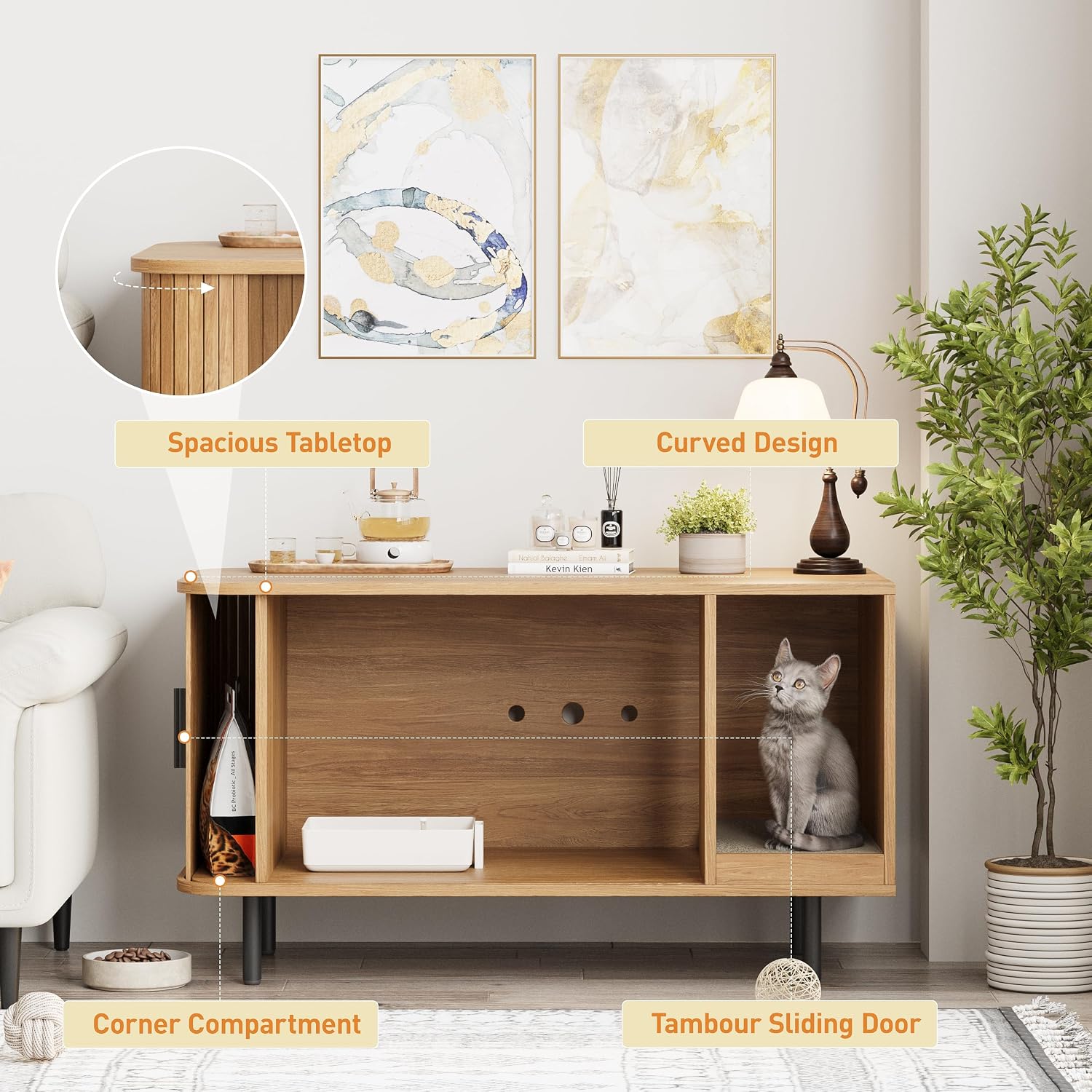Detalle de Halitaa DE0007 37.4-Inch Cat Litter Box Enclosure with Sliding Door and Scratch Pad