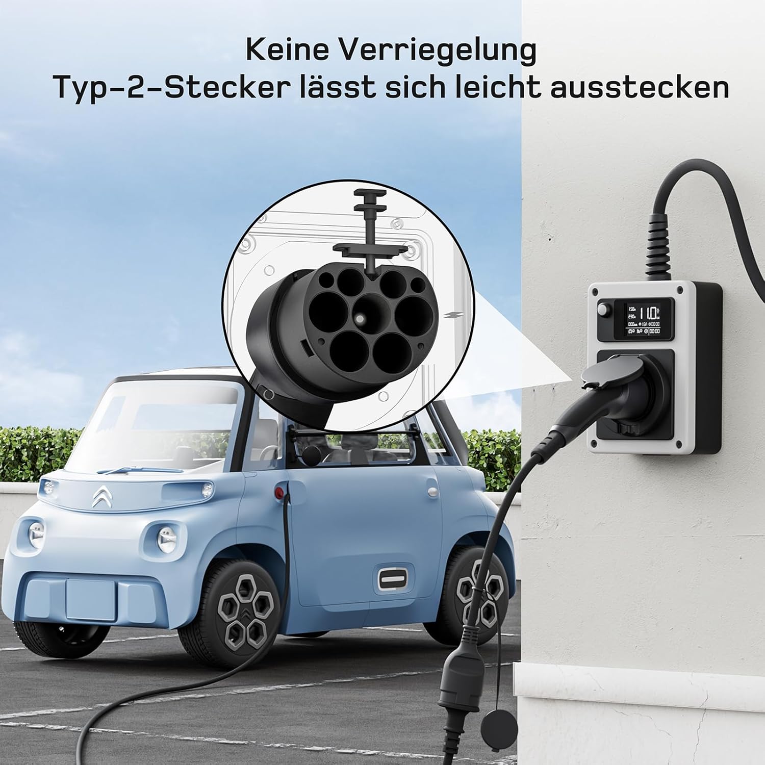 Detalle de Typ-2 auf Schuko Adapter – 16 A, 3 m, IP55, kompatibel mit E-Fahrzeugen und E-Scooter