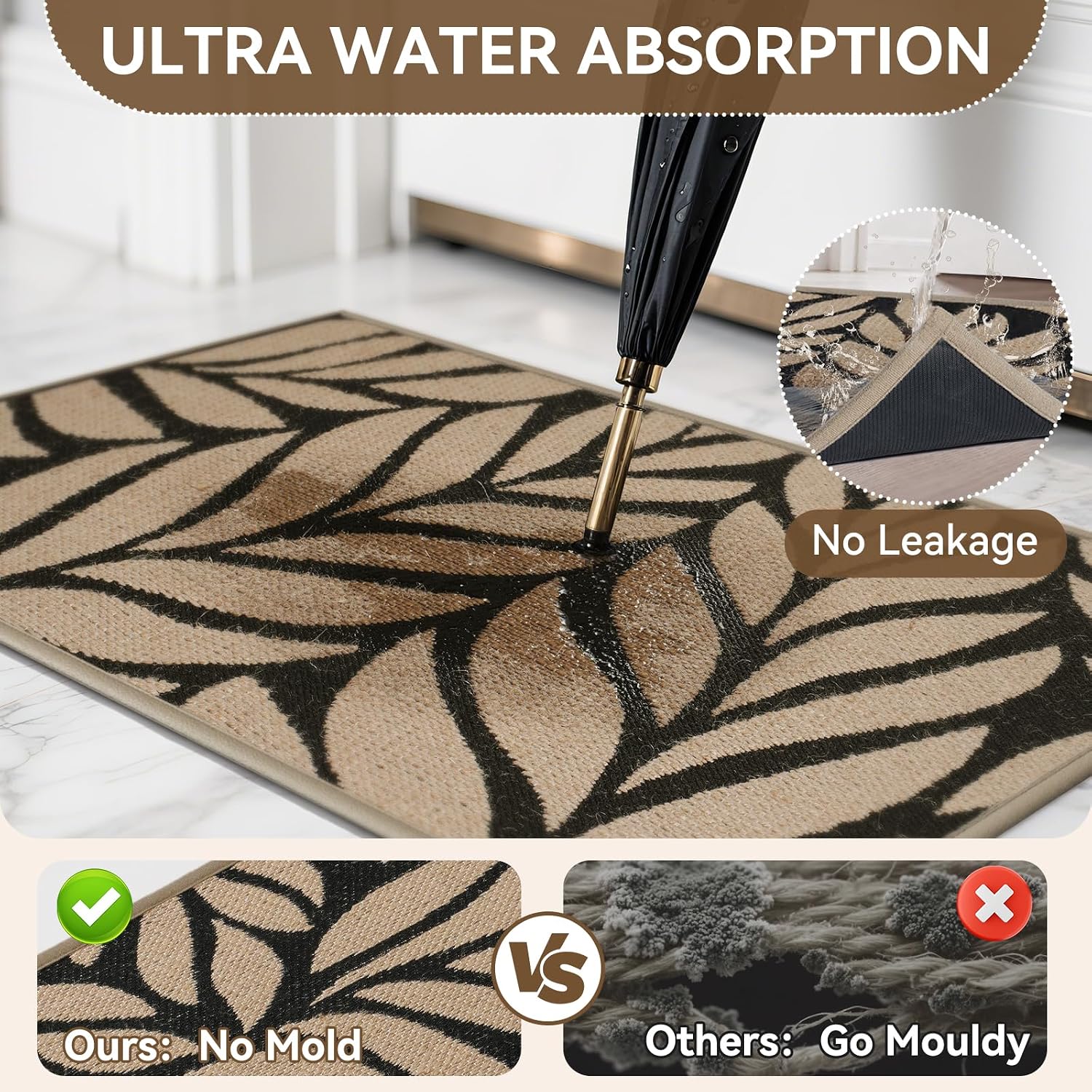 Thumbnail 4 de QiCaiJia Brown Entryway Doormat, 31 x 47-Inch Low-Profile Washable Mat