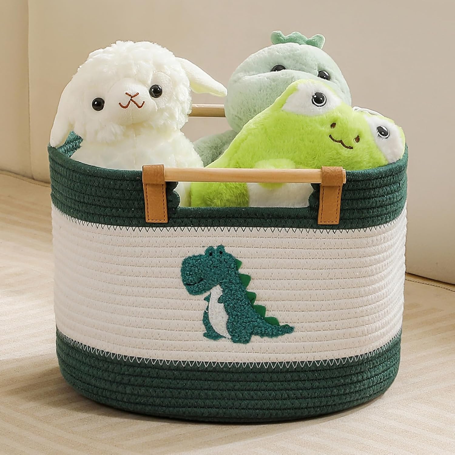 Baumwollseil-Aufbewahrungskorb mit Holzgriffen für Kinderdecken und Kuscheltiere (ca. 17 L)