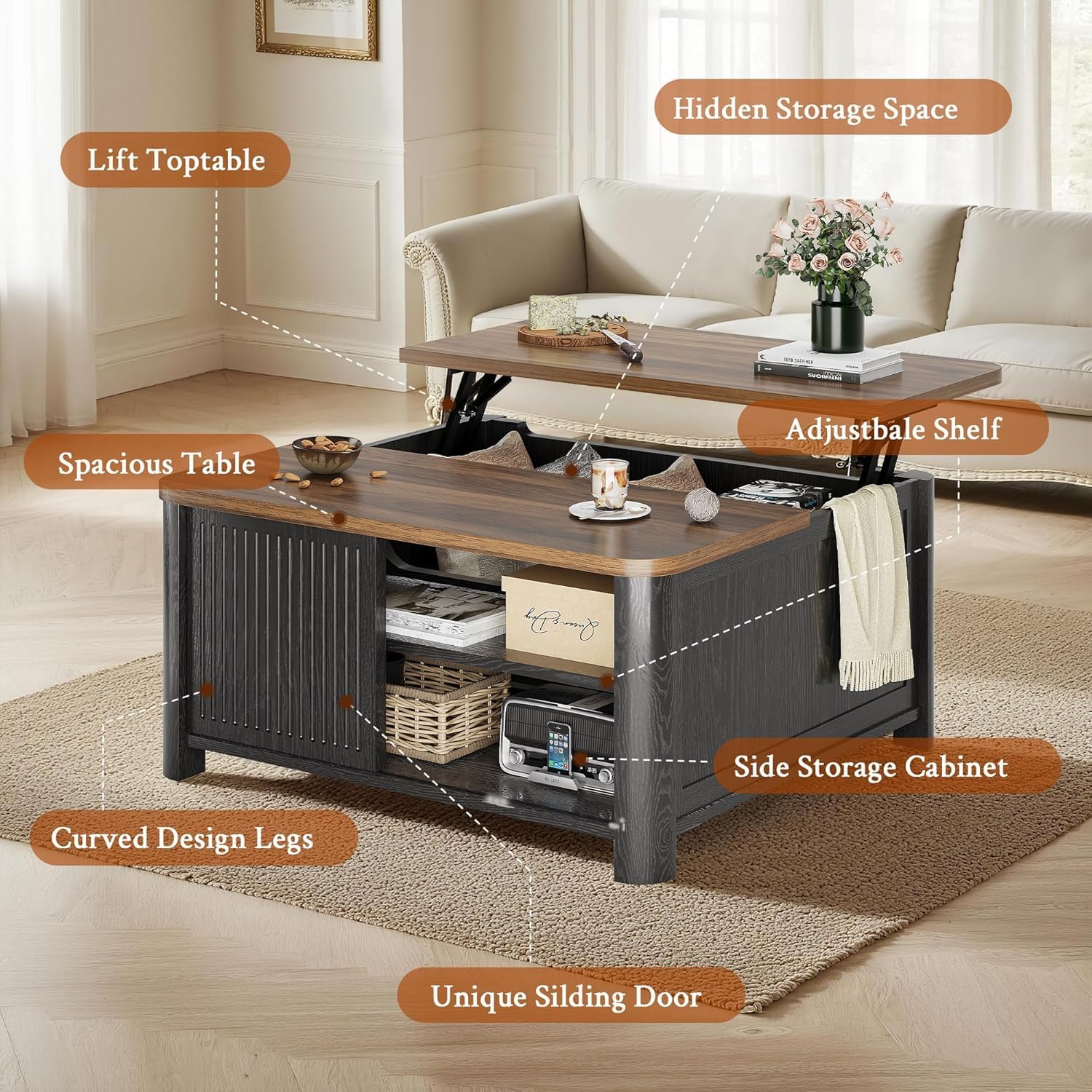 Thumbnail 4 de Decofy Lift-Top Coffee Table with Walnut Top