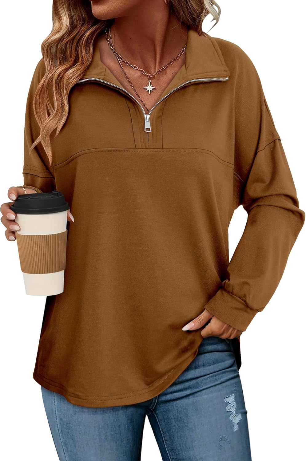 Thumbnail 6 de CHICZONE Womens Oversized Zip Sweatshirt — Quarter Zip Pullover for Casual Fall Wear