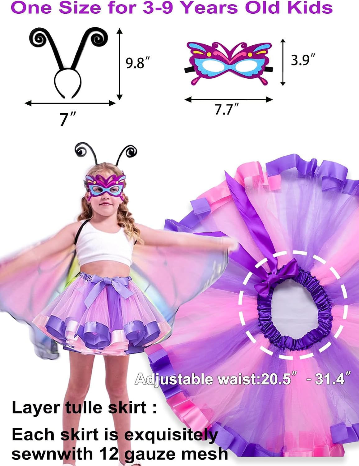 Detalle 2 de Aimeiar Kids Butterfly Costume with Chiffon Wings and Rainbow Tutu