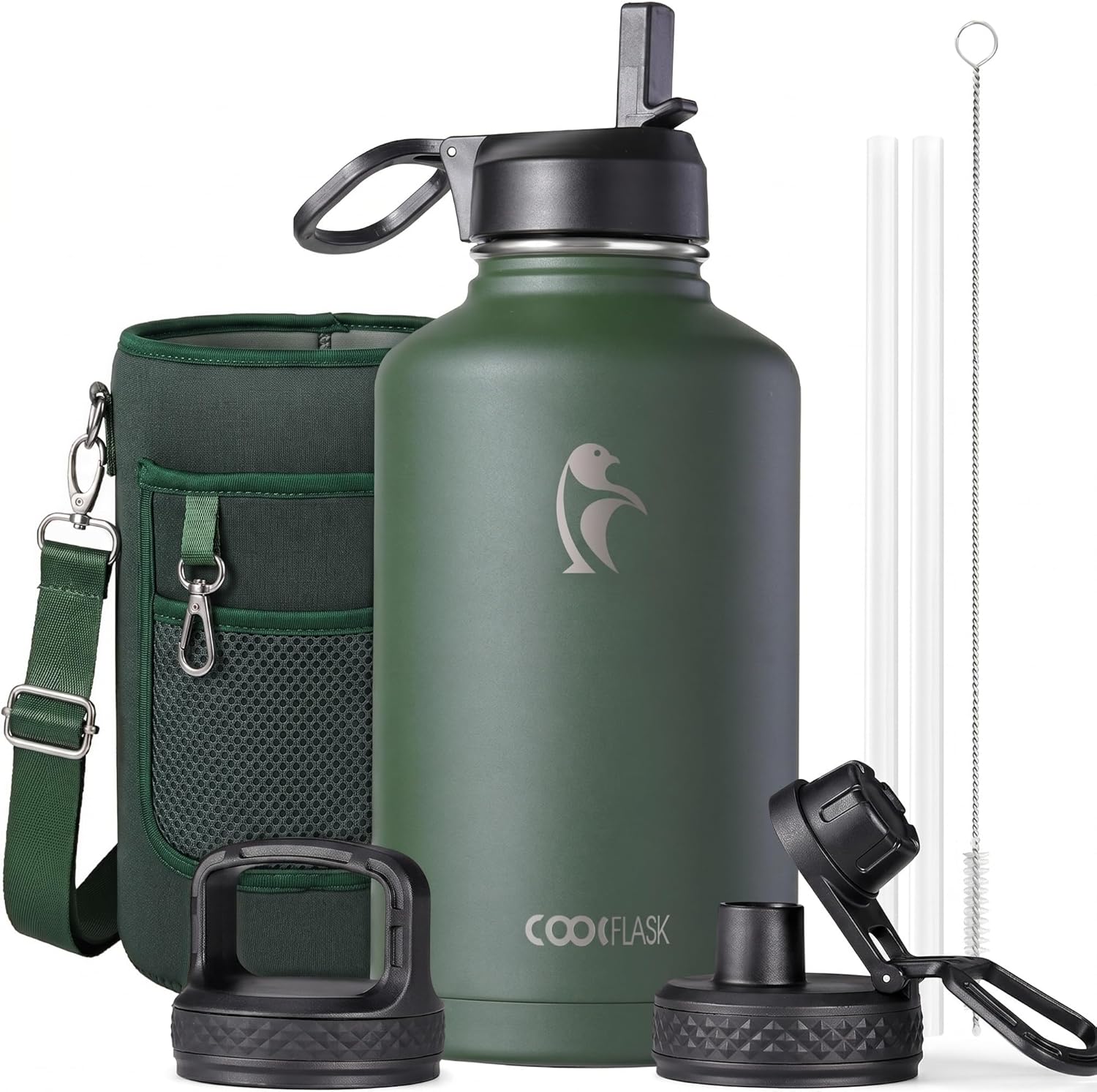 Detalle de Coolflask 64 oz Half Gallon Insulated Water Bottle (Dark Green) with Straw & 3 Lids