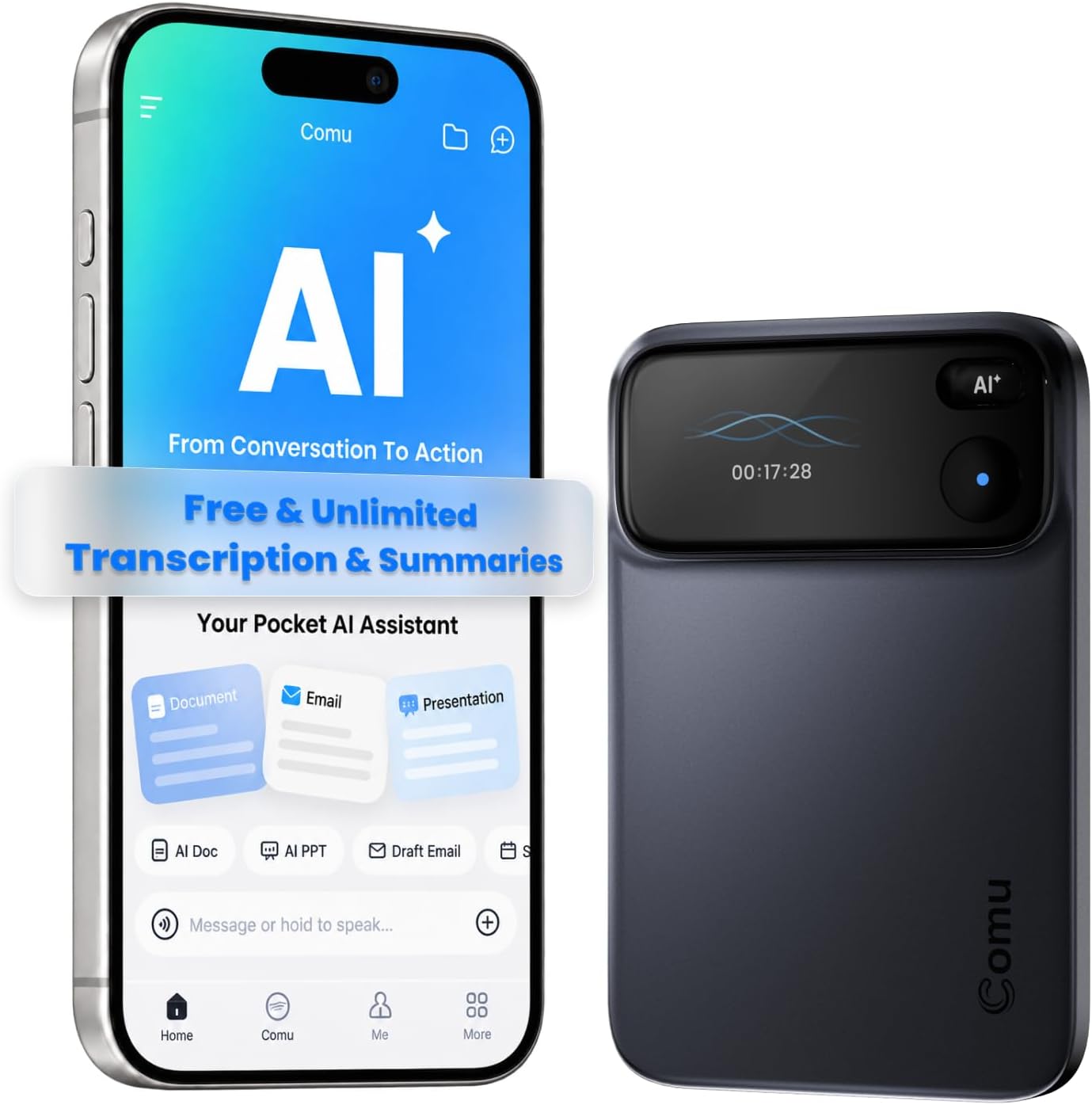 Detalle de Comu Action Pro AI-röstinspelare med sex mikrofoner och 16 GB lagring