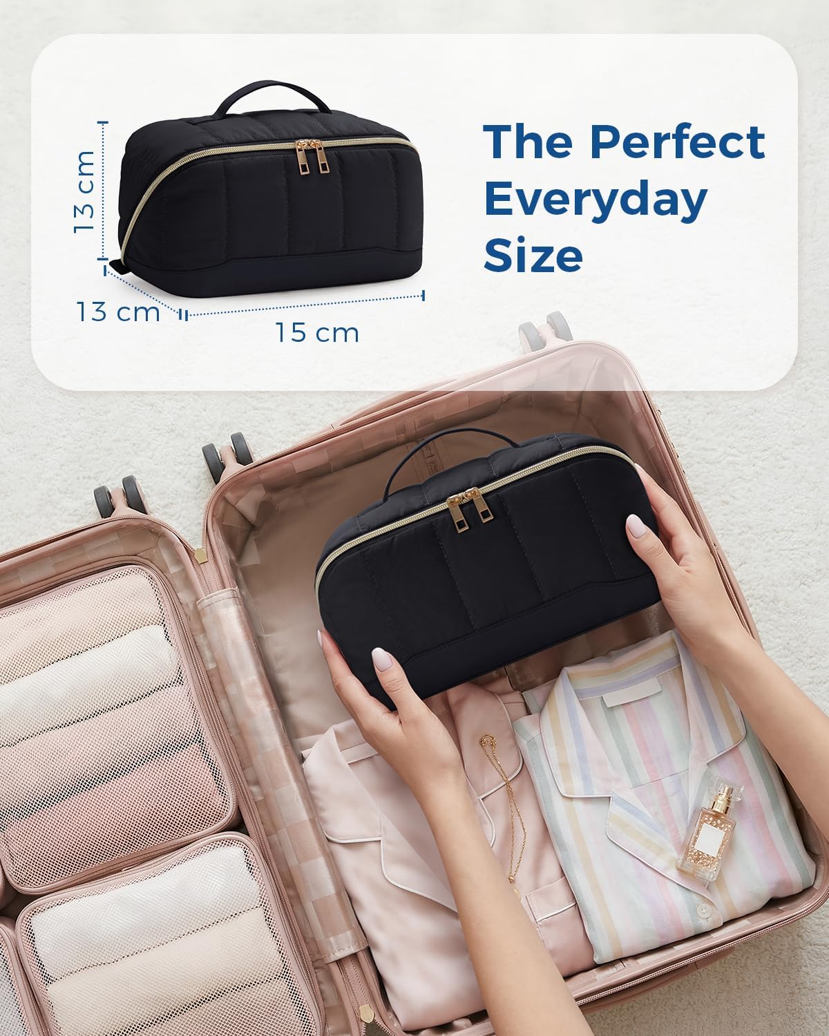 Thumbnail 5 de Travel Makeup Bag Large Quilted Cosmetic Organizer with Brush Compartments & Handle – Black