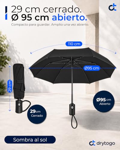 Detalle de Paraguas antiviento Drytogo plegable (Ø95/Ø100/Ø105 cm): 8 varillas reforzadas, automático y compacto