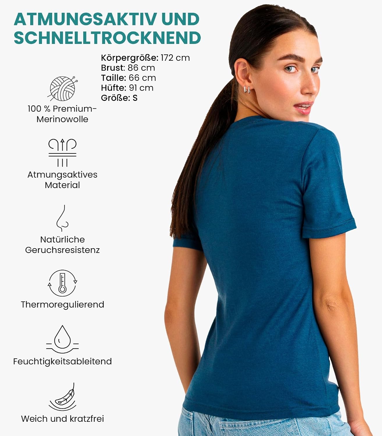 Detalle 2 de Merino.tech 100% Merino T-Shirt Damen (165 g/m², 17,5 Mikron) + Merino-Wandersocken