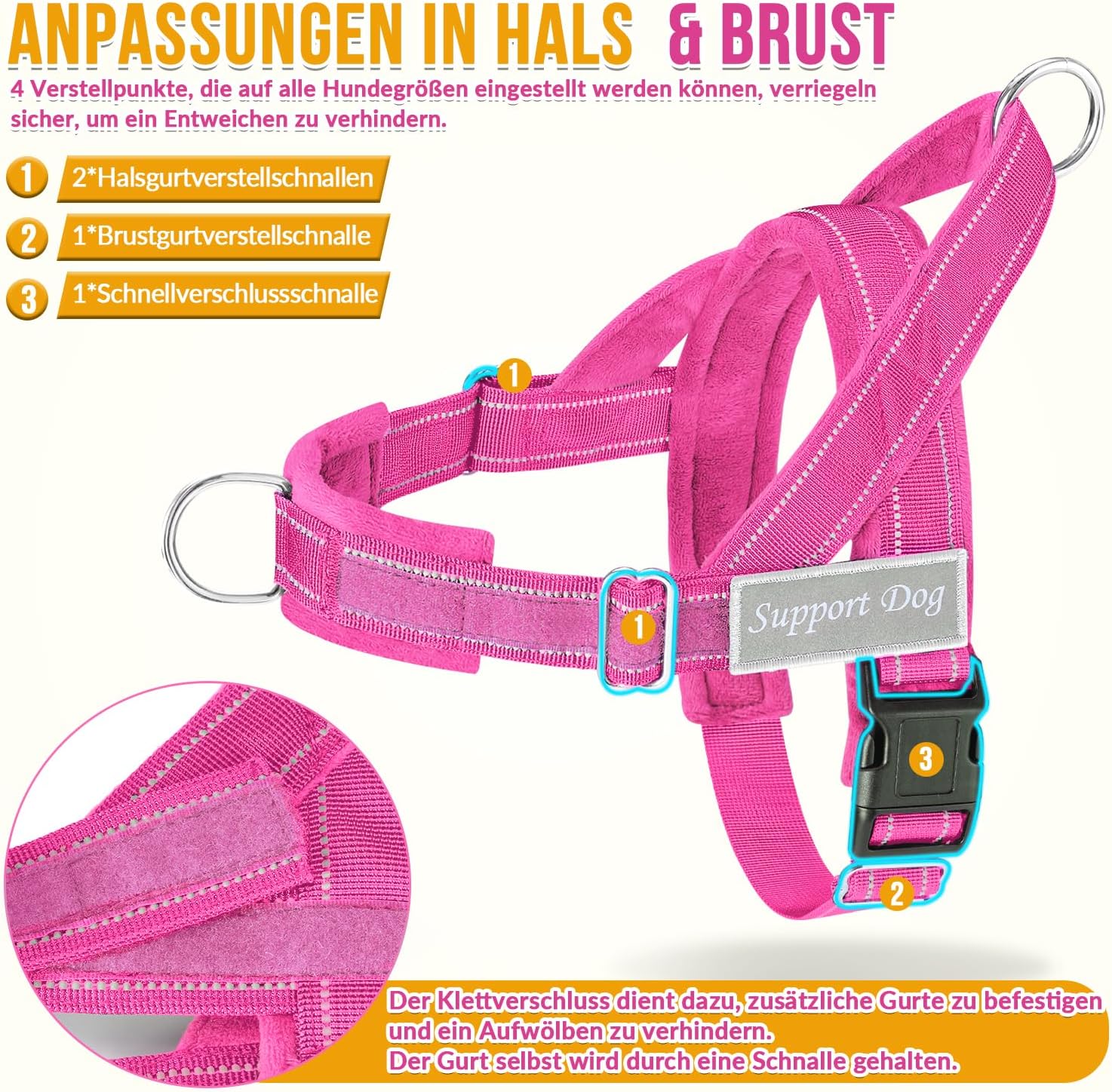 Detalle de Eyein Hundegeschirr mit Leine für große bis mittelgroße Hunde – Weiche Pufferung, Reflektierend, 2 Leinenclips, Magenta, Größe M