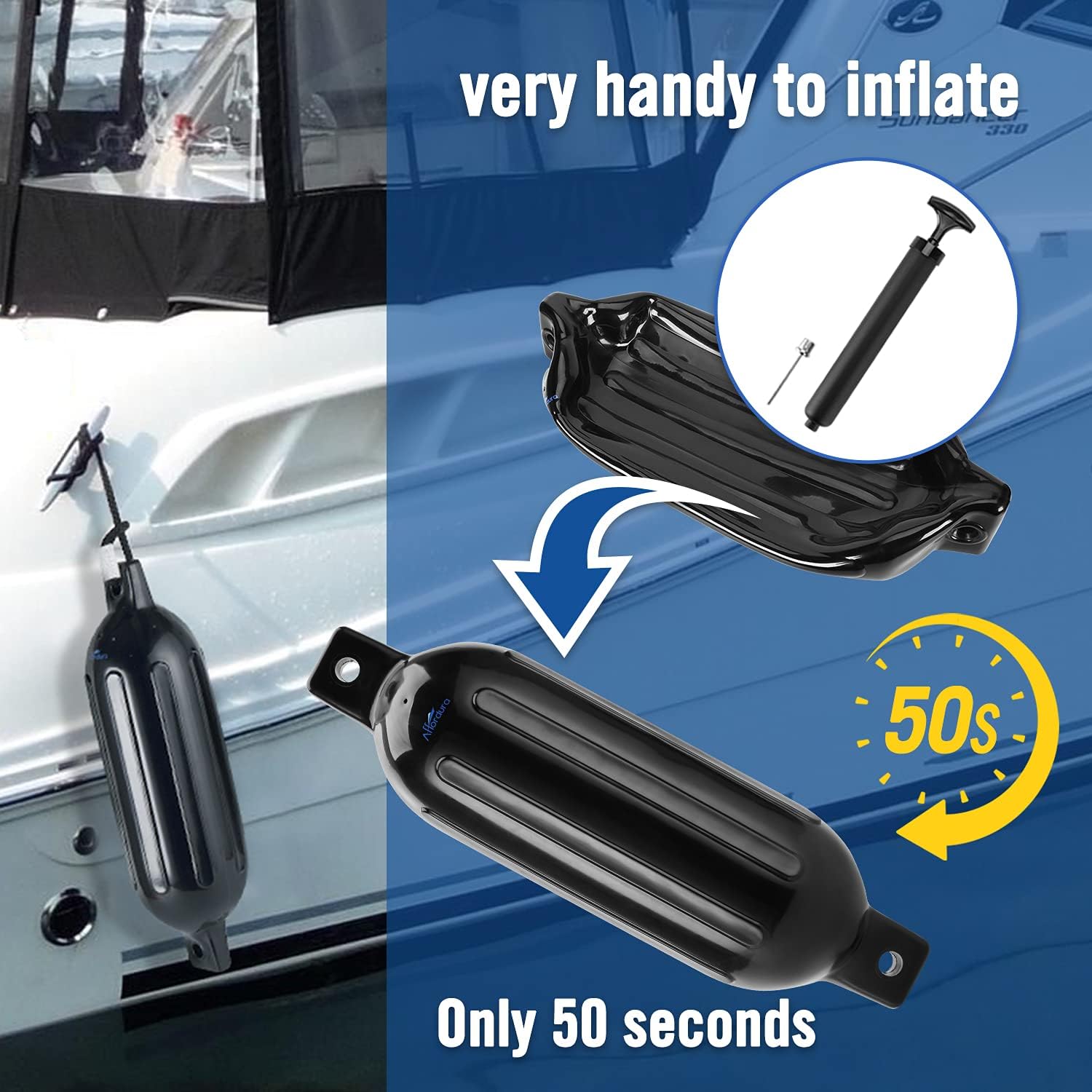 Detalle 2 de Affordura Boat Fender 4 Pack: 4x 6.5-Inch Boating Fenders with Ropes, Pump and Storage Bag