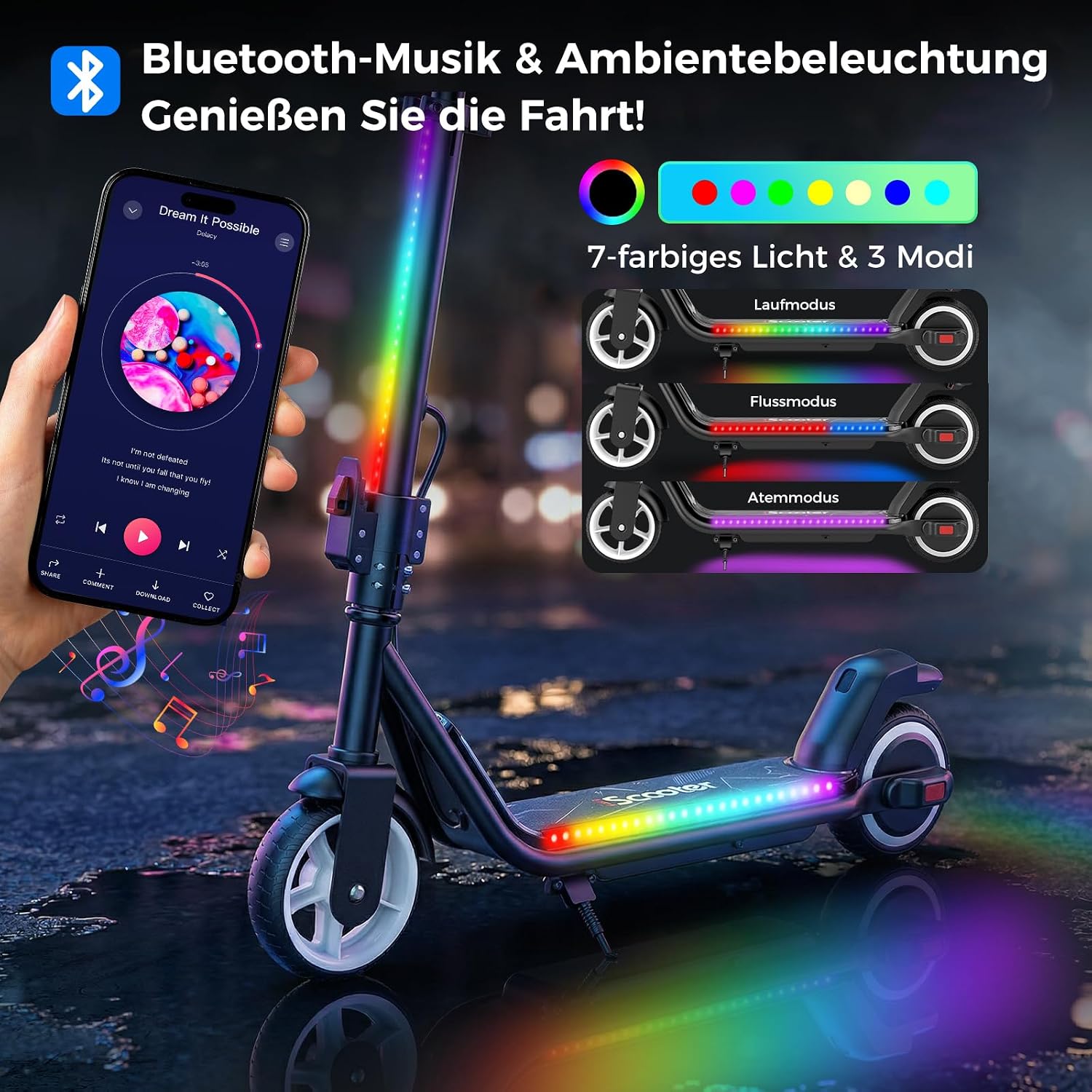 Detalle 2 de iScooter Kinder E Scooter mit Musik & Licht – 200 W, verstellbarer Lenker, 8–14 Jahre, bis zu 15 km Reichweite