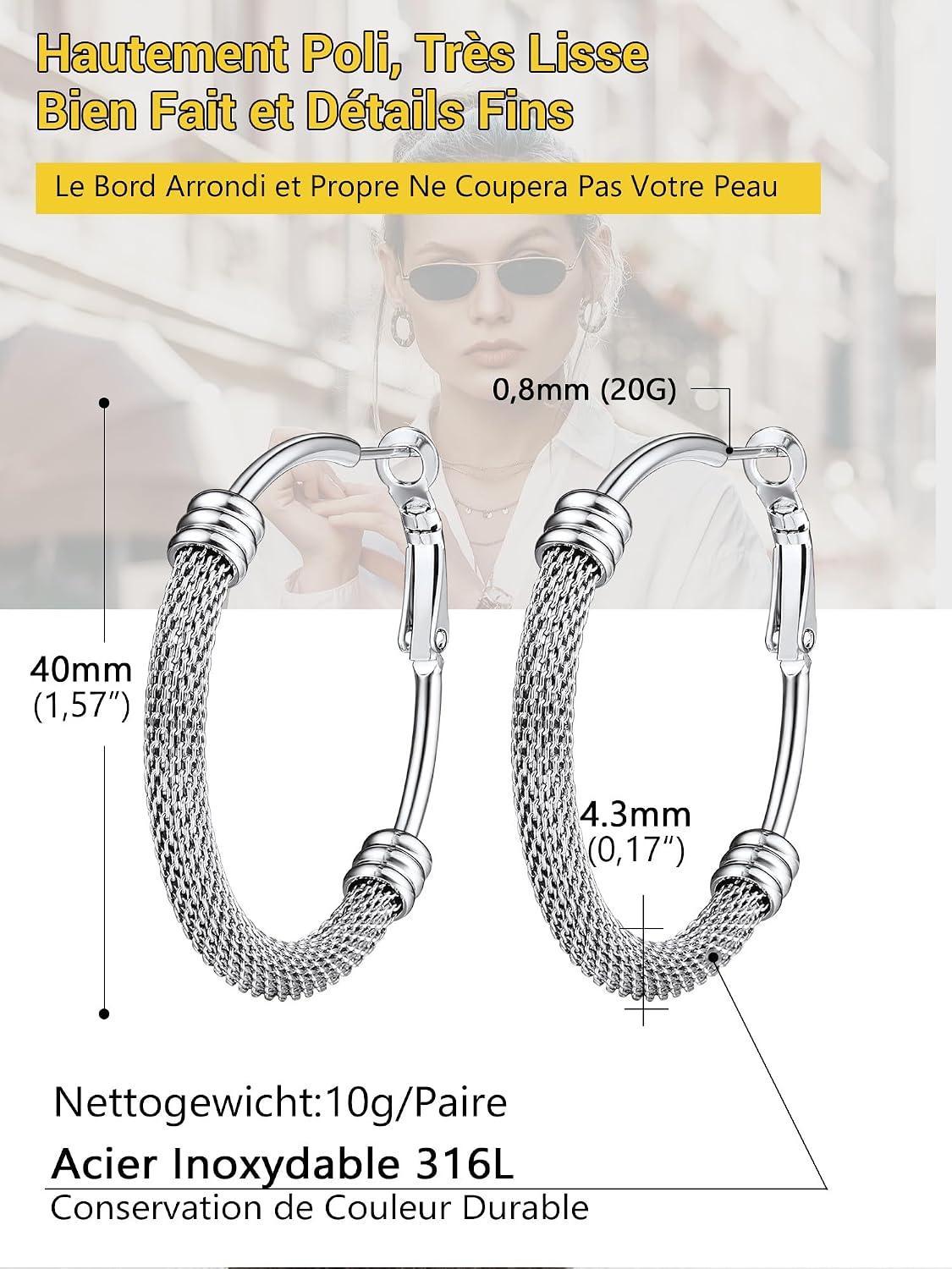 Detalle de PROSTEEL Créoles Acier Inoxydable 40 mm avec Mallas – Anneaux à Maillons (Or 18k / Noir) pour Femme