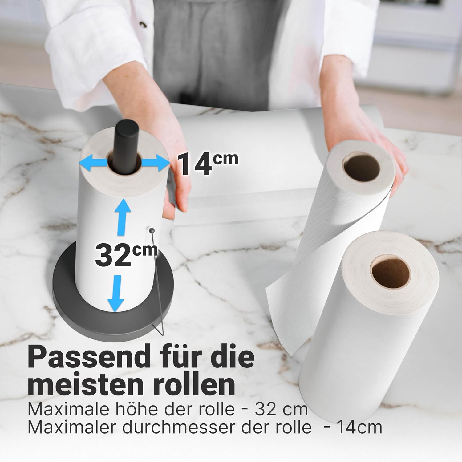 Detalle 2 de Minismus Küchenrollenhalter Stehend – Anti-Roll Arm, stabiler Stand, ohne Bohren (Schwarz)