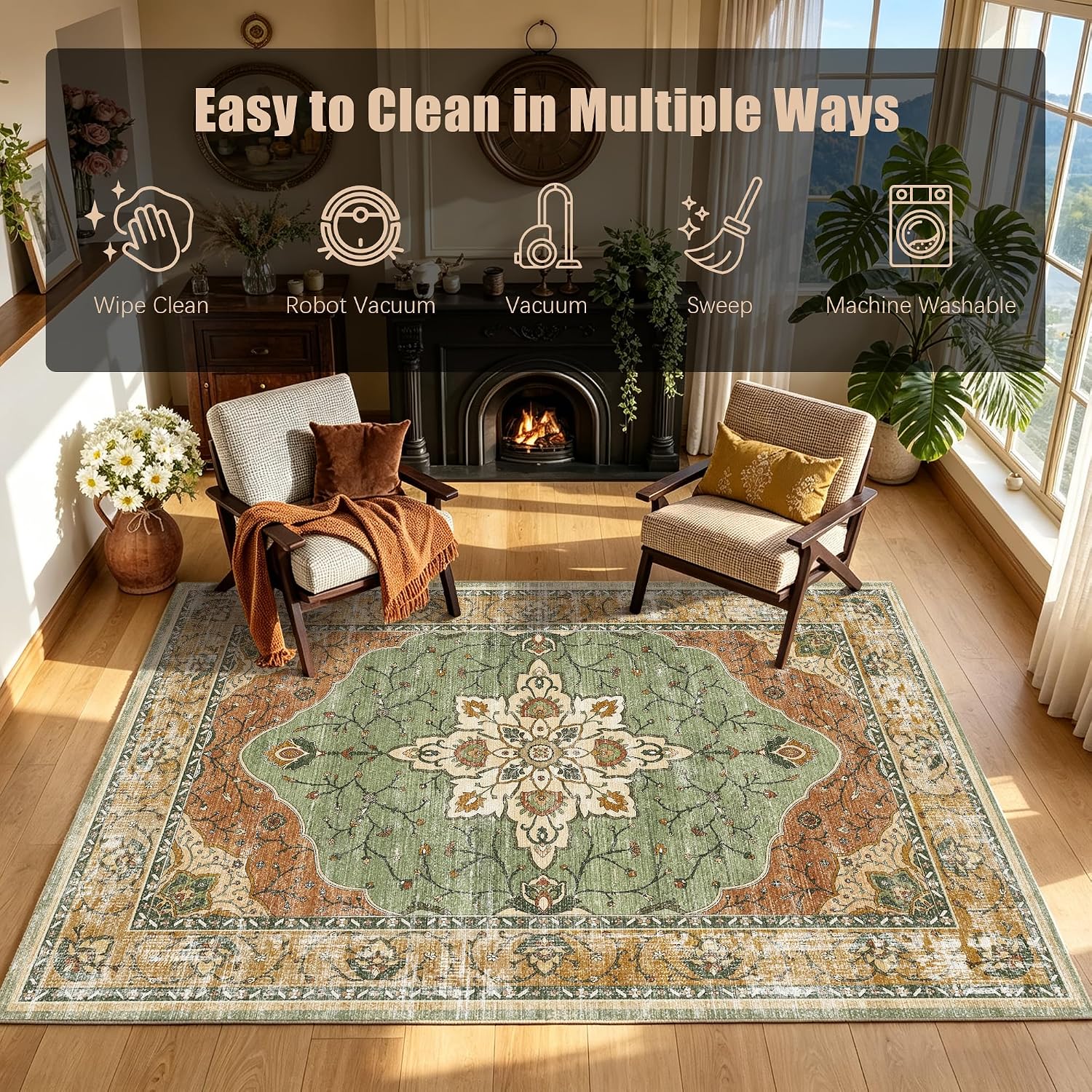 Thumbnail 6 de YARNSCAPE Area-Rug 5' x 7' Washable Low-Pile Rug, Non-Slip, Sage Green