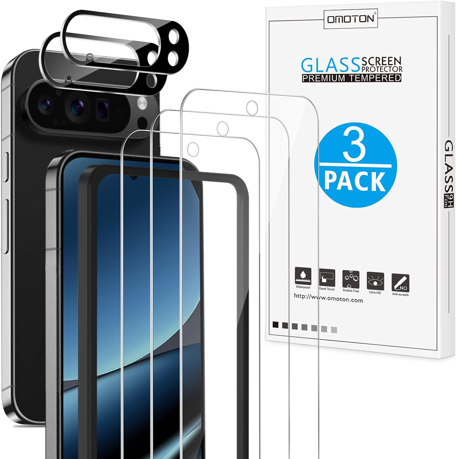 Detalle de OMOTON Pixel 10 Pro XL Screen Protector, 3+2 Tempered Glass Set, 6.8-Inch