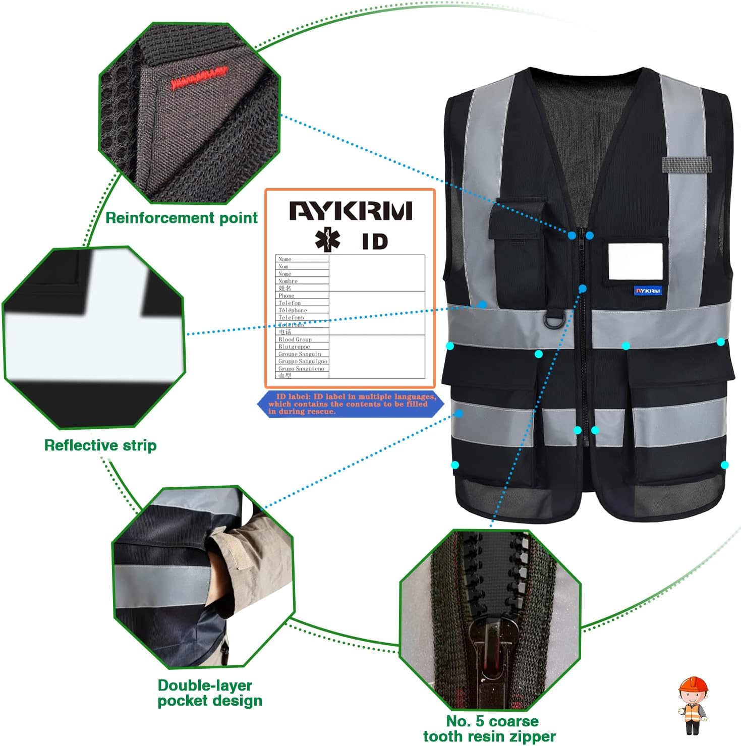 Detalle 2 de AYKRM 21-colour high-visibility executive vest with zip front, phone & ID pockets