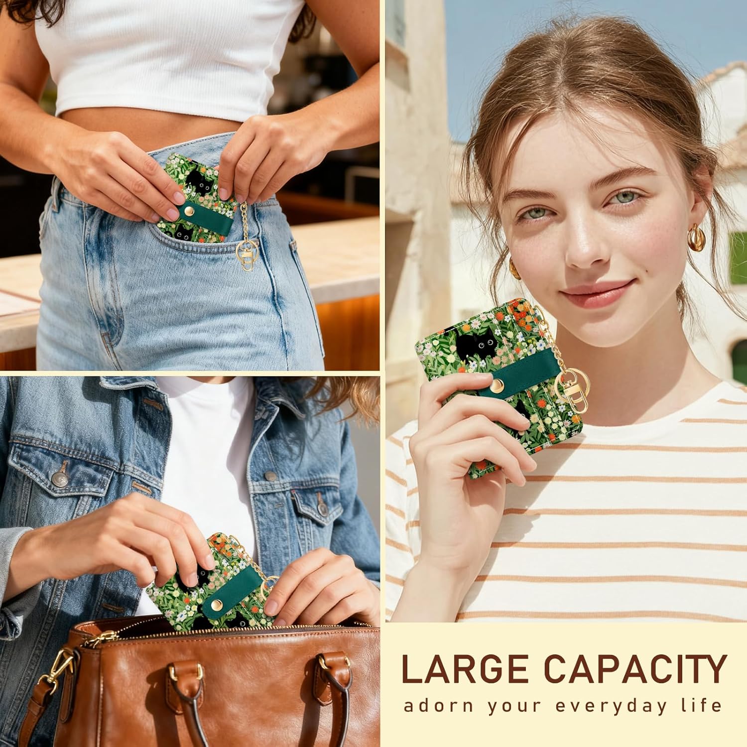 Thumbnail 1 de Jogjam Black Cat Floral RFID Women Wallet – Small Slim Bifold Credit Card Wallet with Zipper Coin Pocket